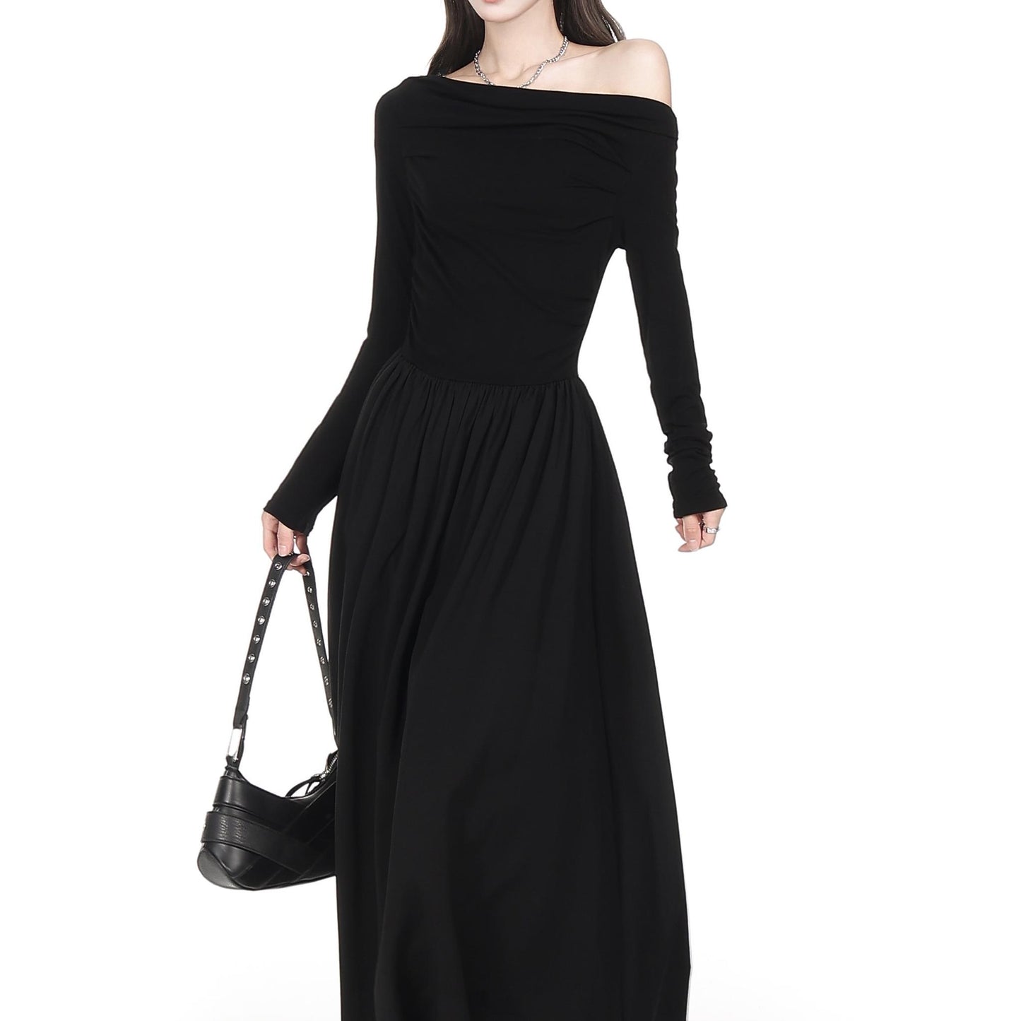 Draped Off Shoulder Long Sleeve Maxi Dress