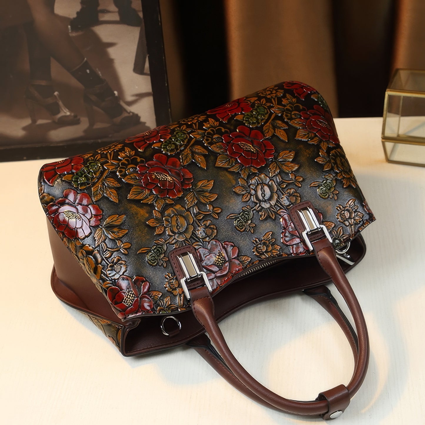 Embossed Rose Pattern Curved Handle Bag