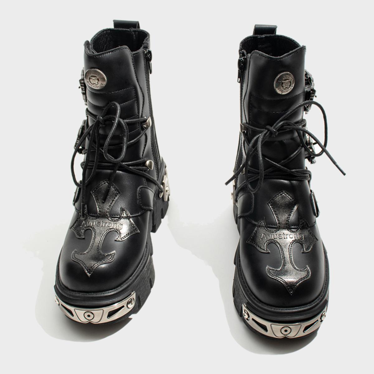 Flame Buckle Metal Accent Platform Boots