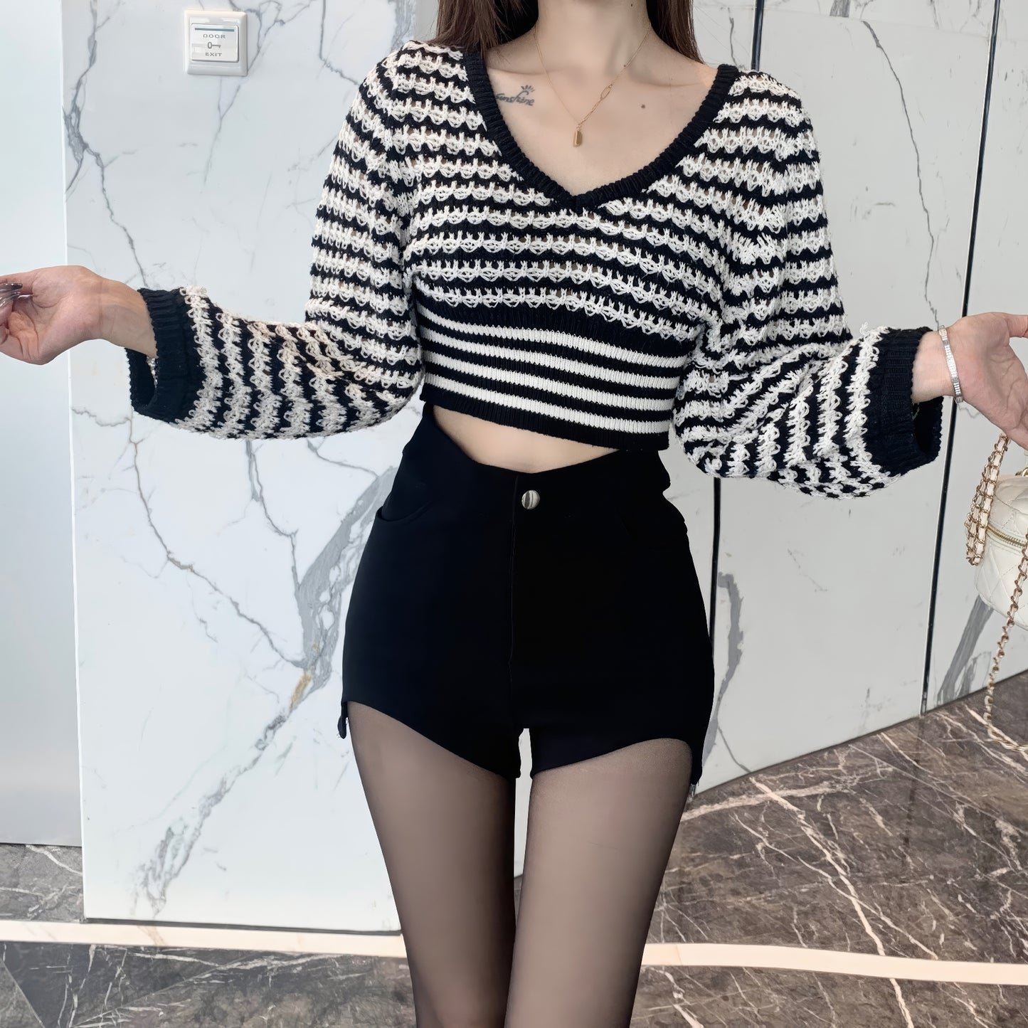 Curved Hem High Waist Black Shorts