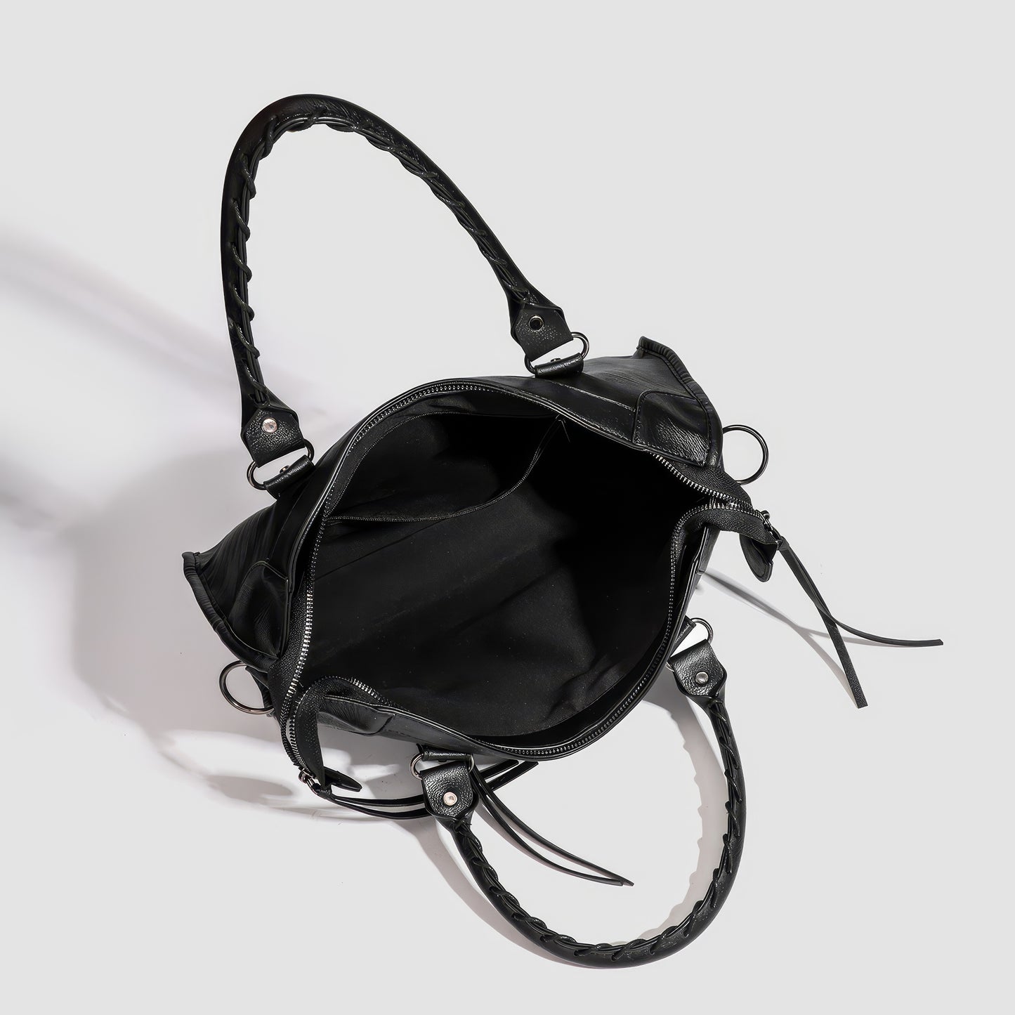 Textured Zip Accent Black Shoulder Bag