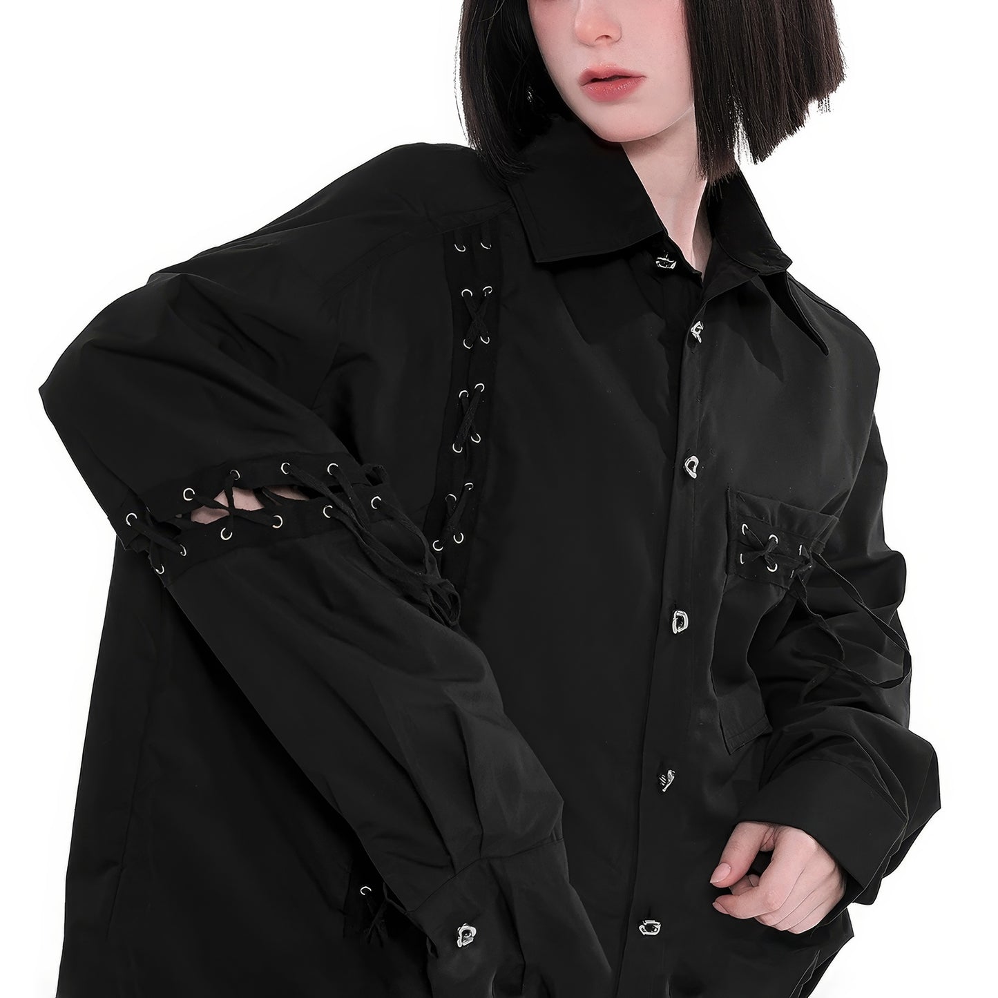 Eyelet Lace-Up Oversized Shirt