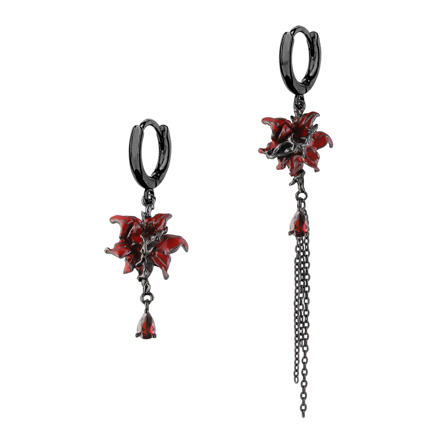 Asymmetrical Red Lily Drop Earrings