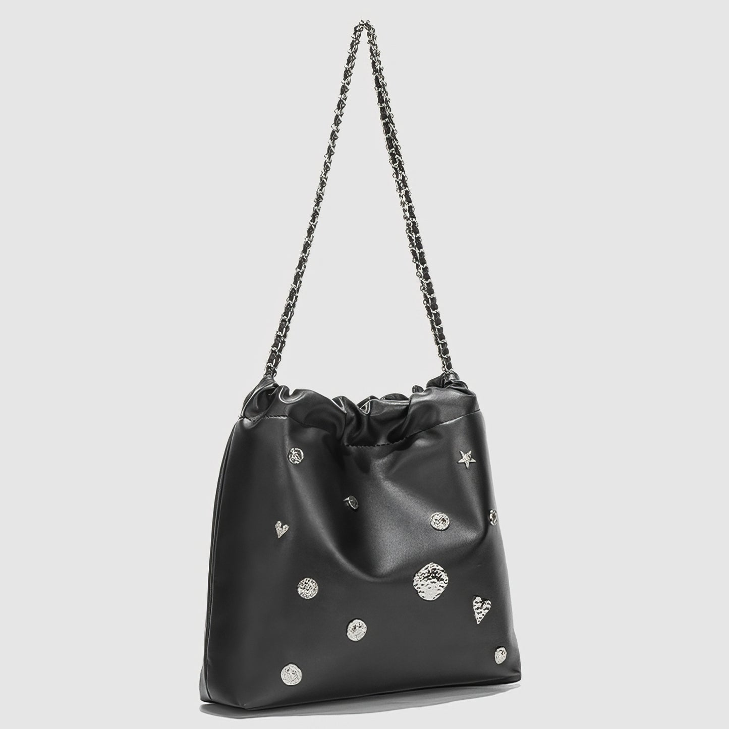 Metallic Studded Drawstring Shoulder Bag