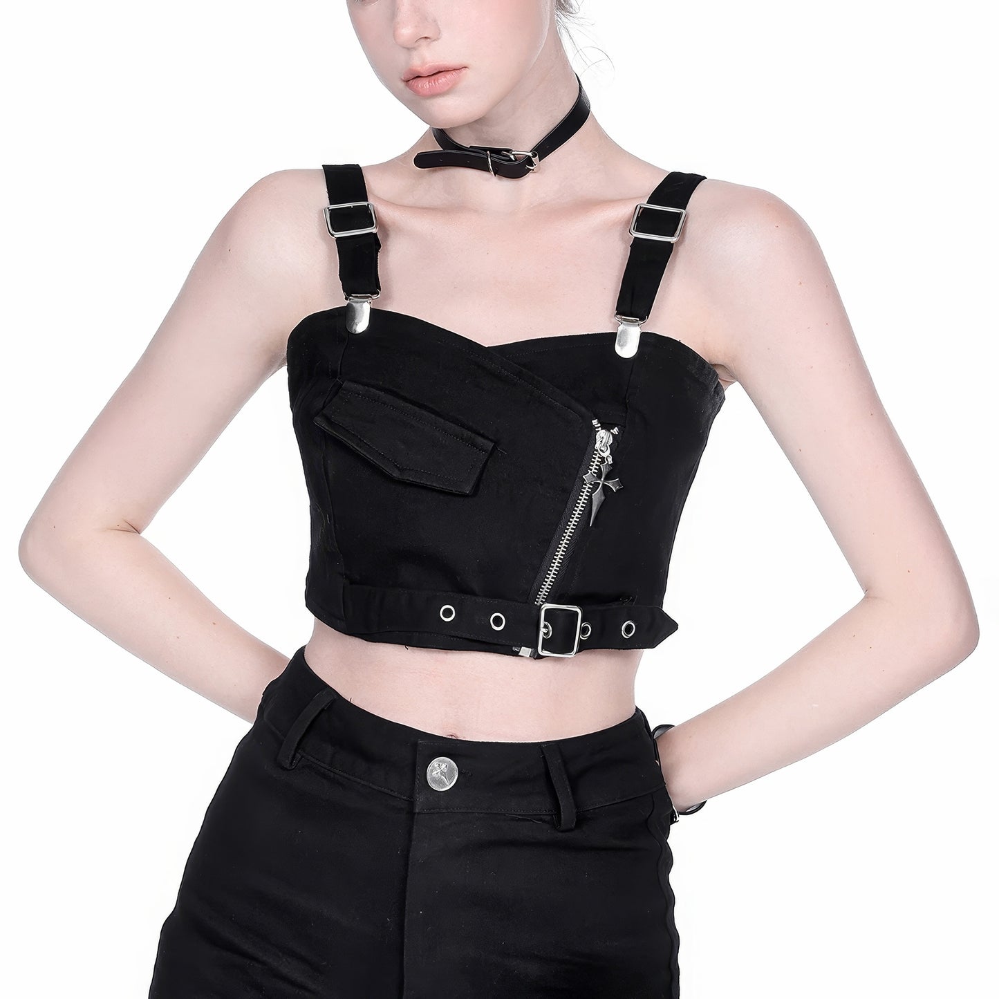 Belted Zipper Strap Crop Top