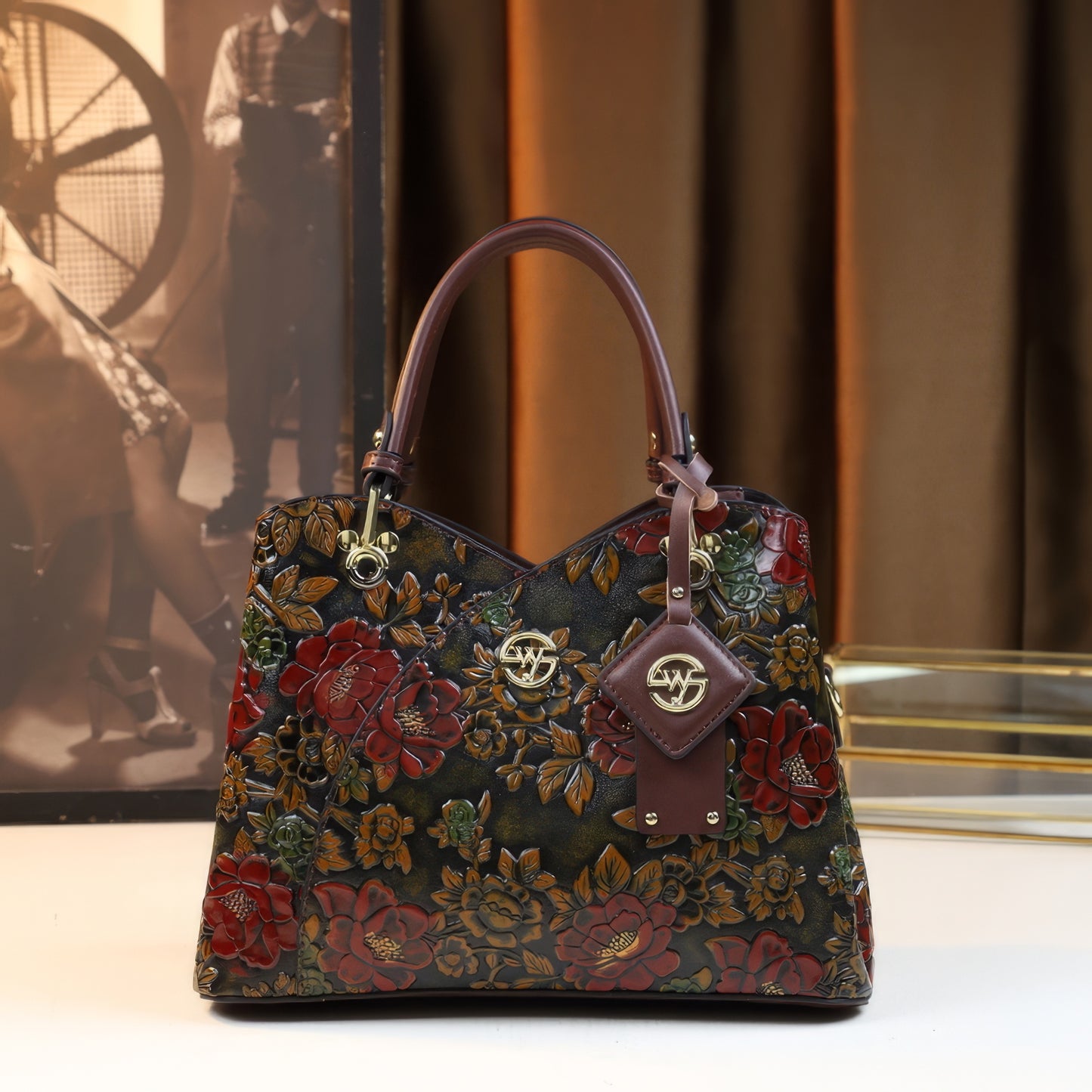 Vintage Embossed Rose Tote Bag with Gold Accents