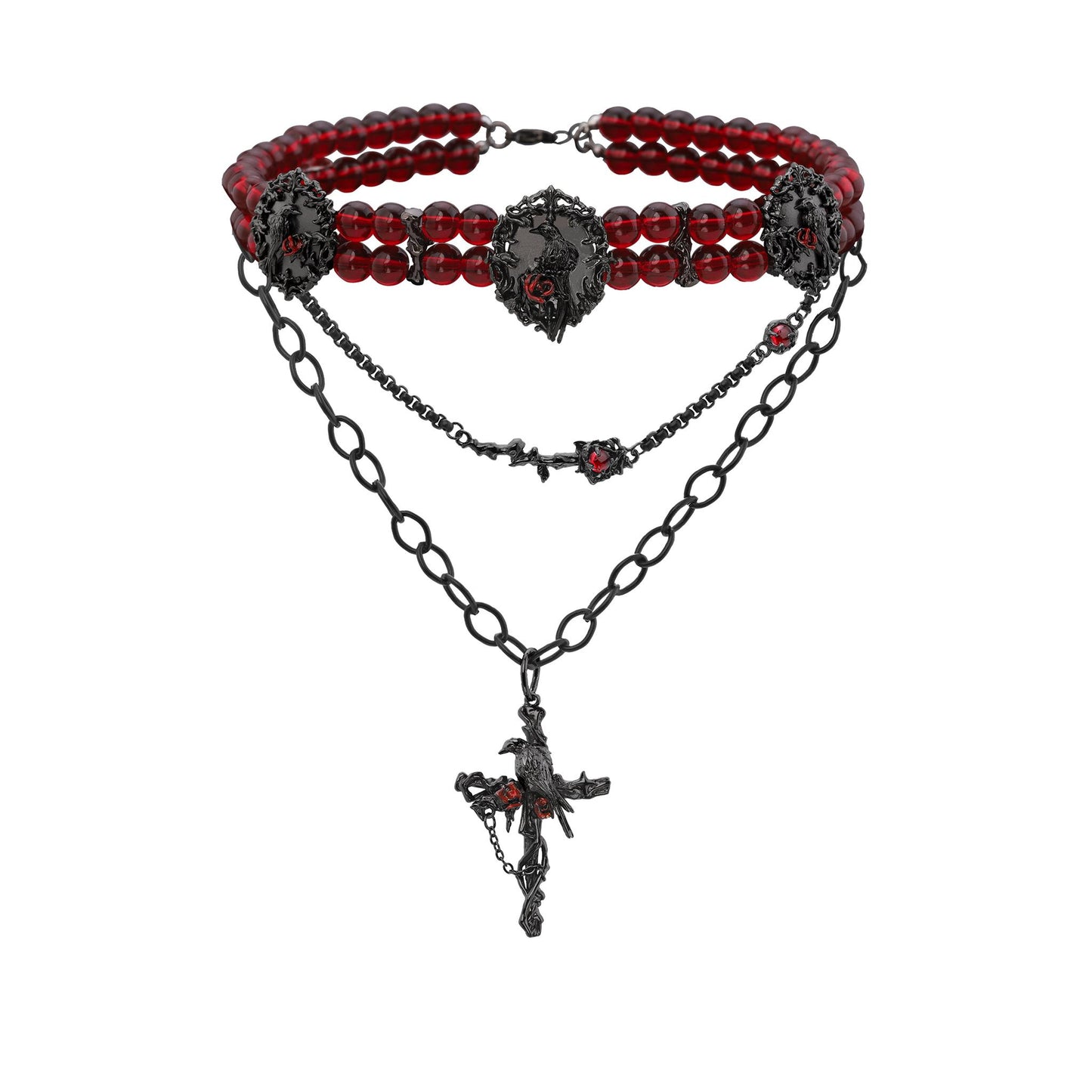 Layered Red Bead Cross Choker Necklace