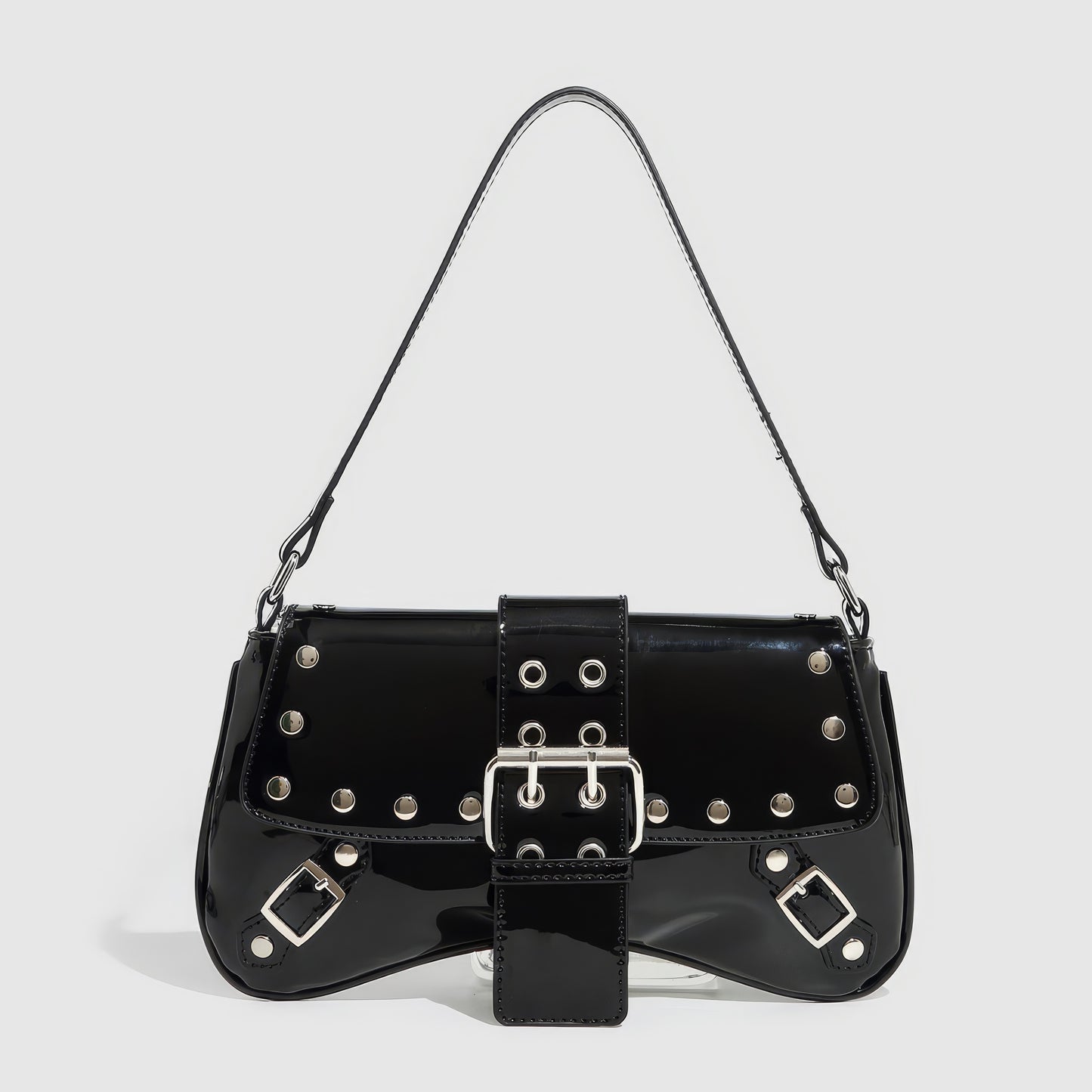 Patent Buckle Strap Black Shoulder Bag