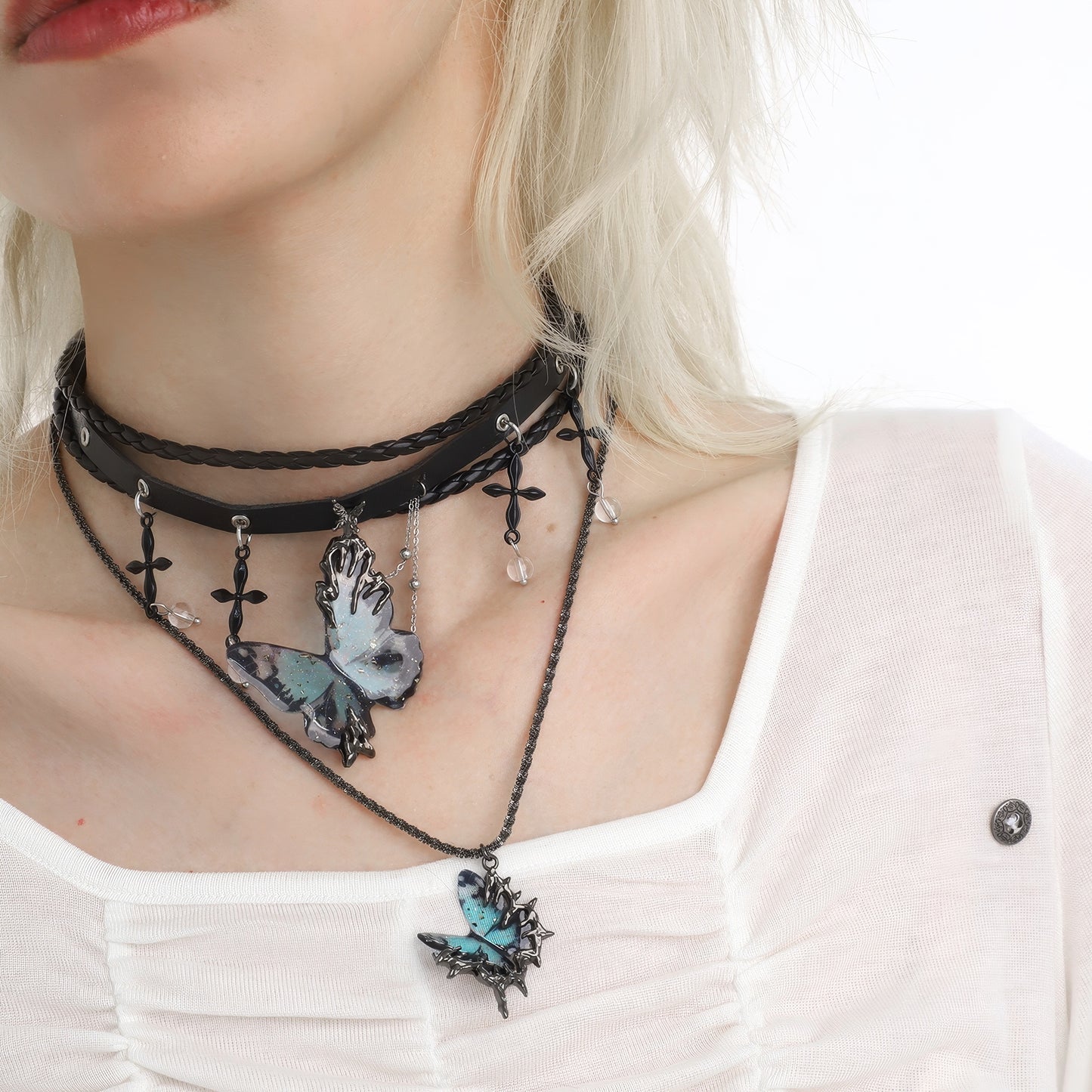 Layered Butterfly Pendant Leather Choker