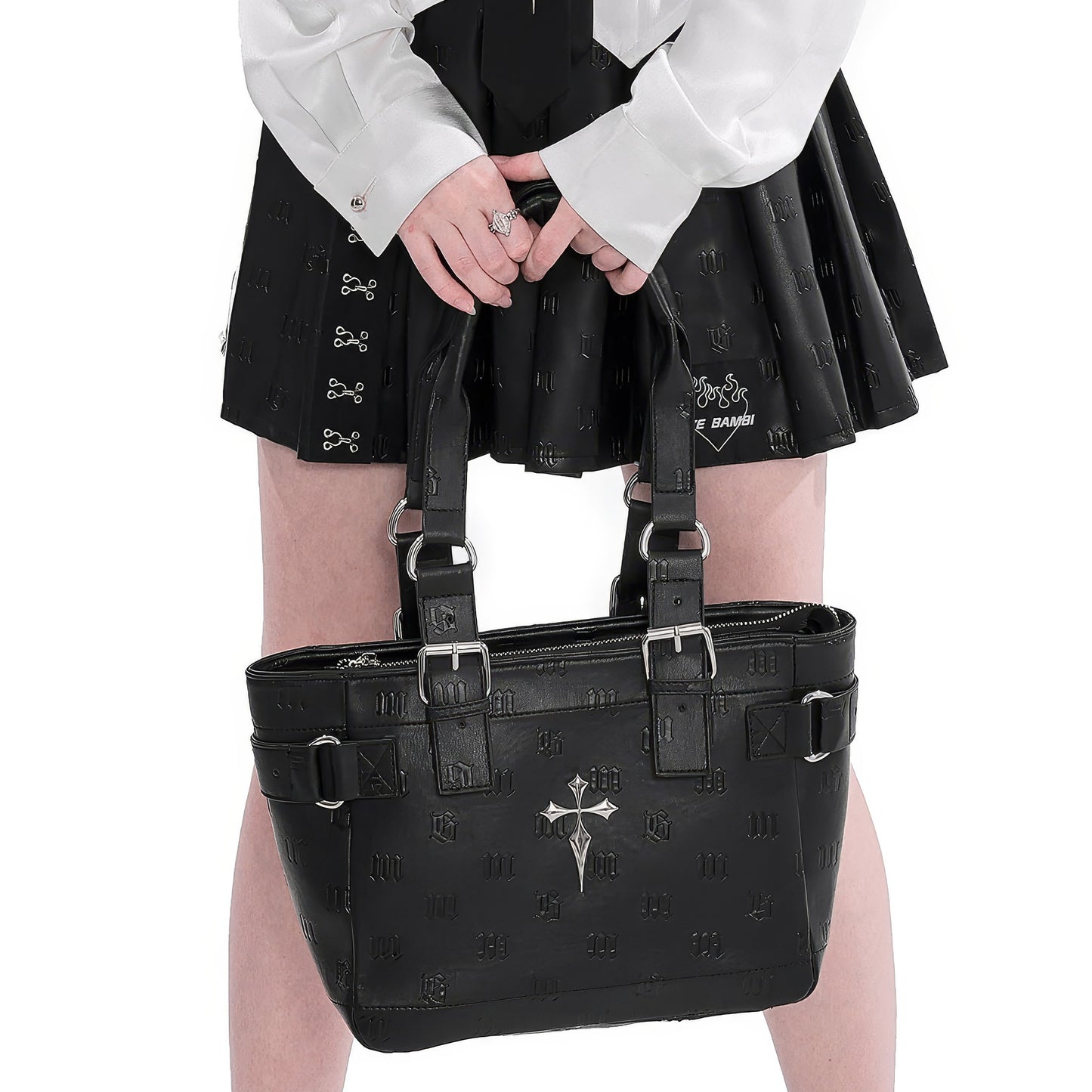 Buckle Detail Embossed Shoulder Bag