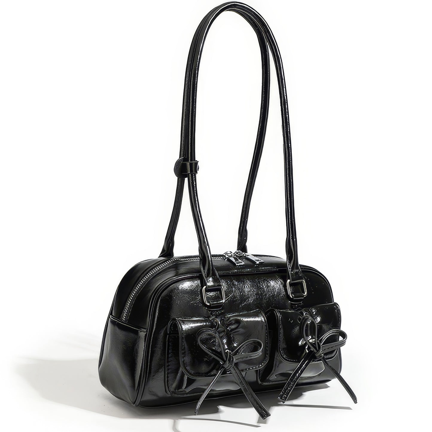 Glossy Bow Pocket Double Strap Shoulder Bag