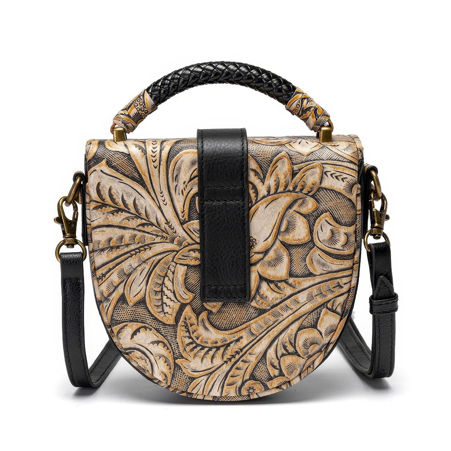 Vintage Leaf Embossed Saddle Crossbody Bag