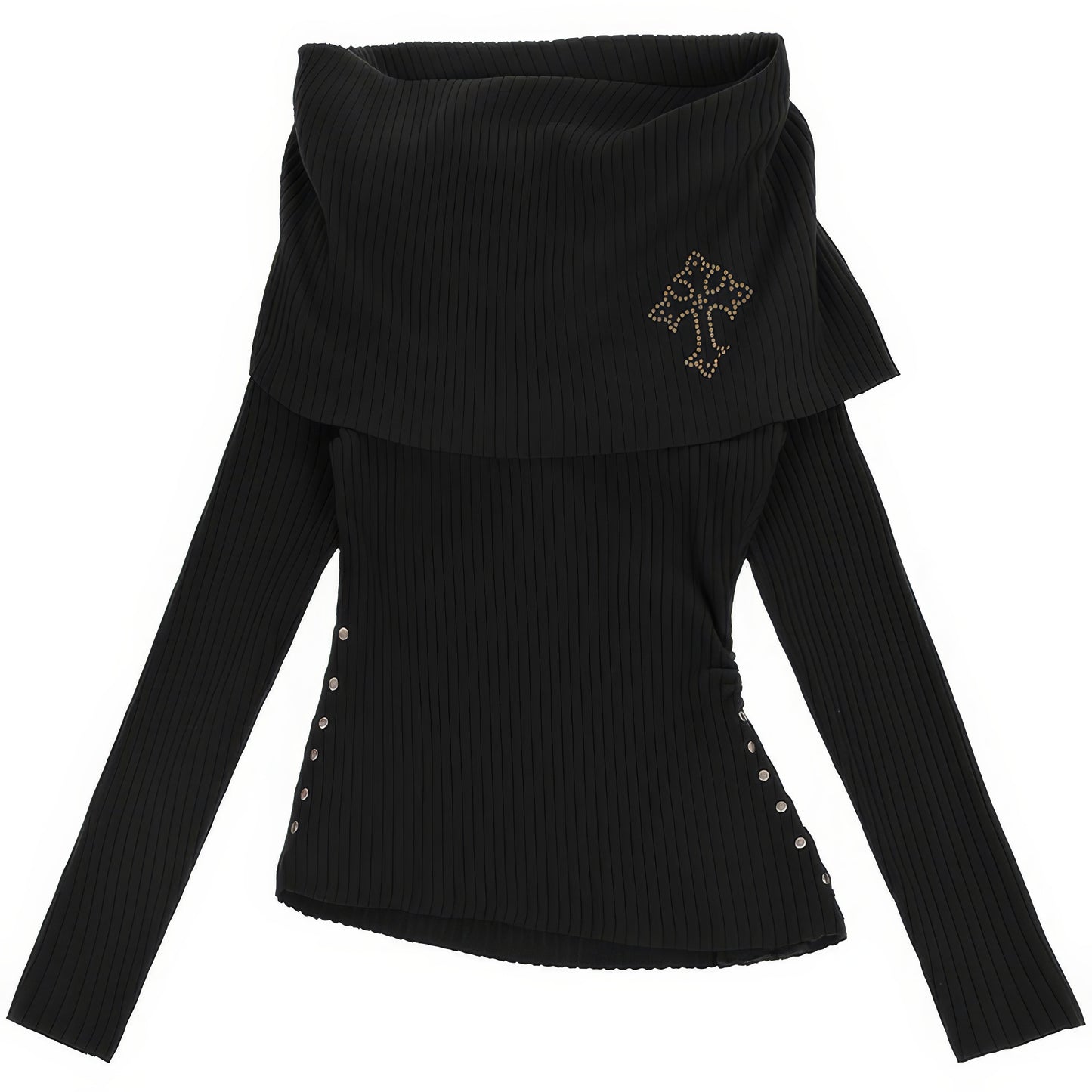 Off Shoulder Layered Knit Top with Studded Cross