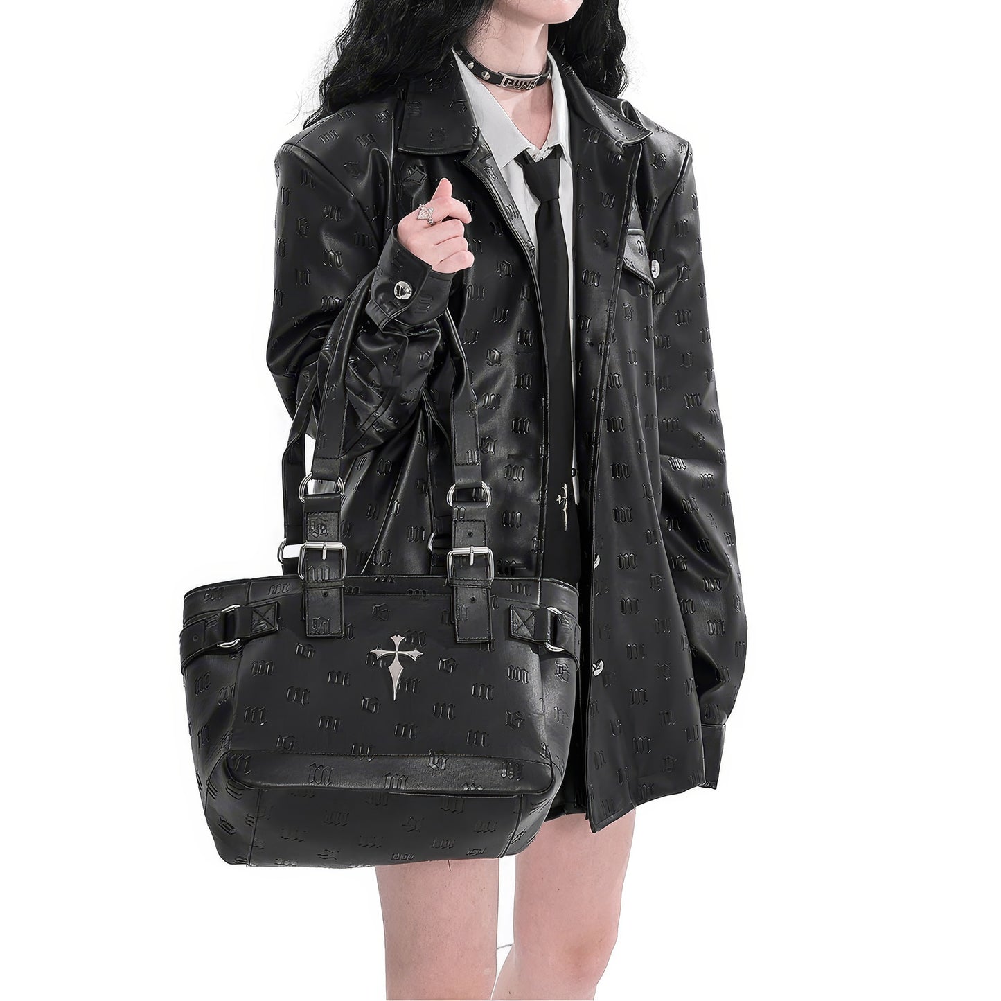 Buckle Detail Embossed Shoulder Bag