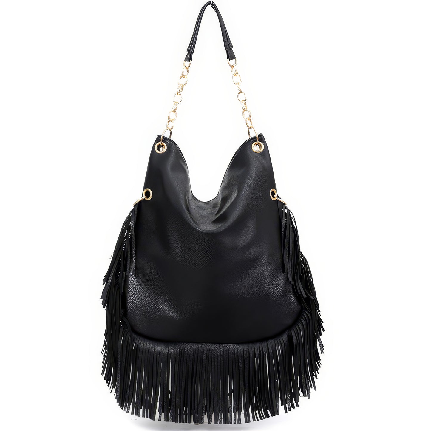 Fringe Studded Black Hobo Shoulder Bag