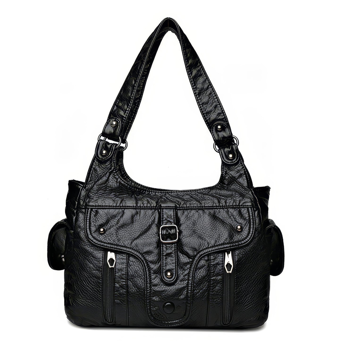 Multi-Zip Textured Faux Leather Shoulder Bag