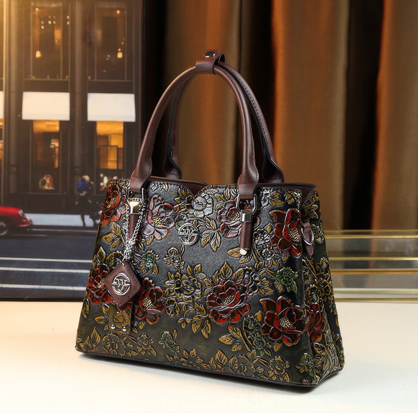 Structured Embossed Floral Shoulder Tote