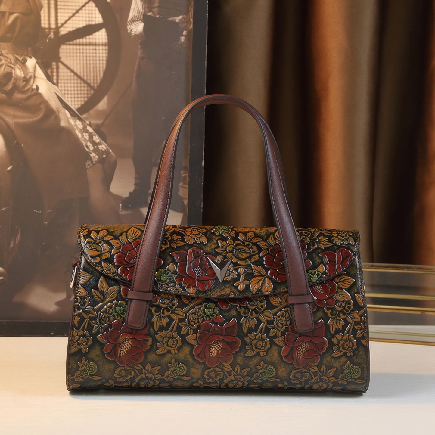 Embossed Burgundy Floral Flap Handle Bag