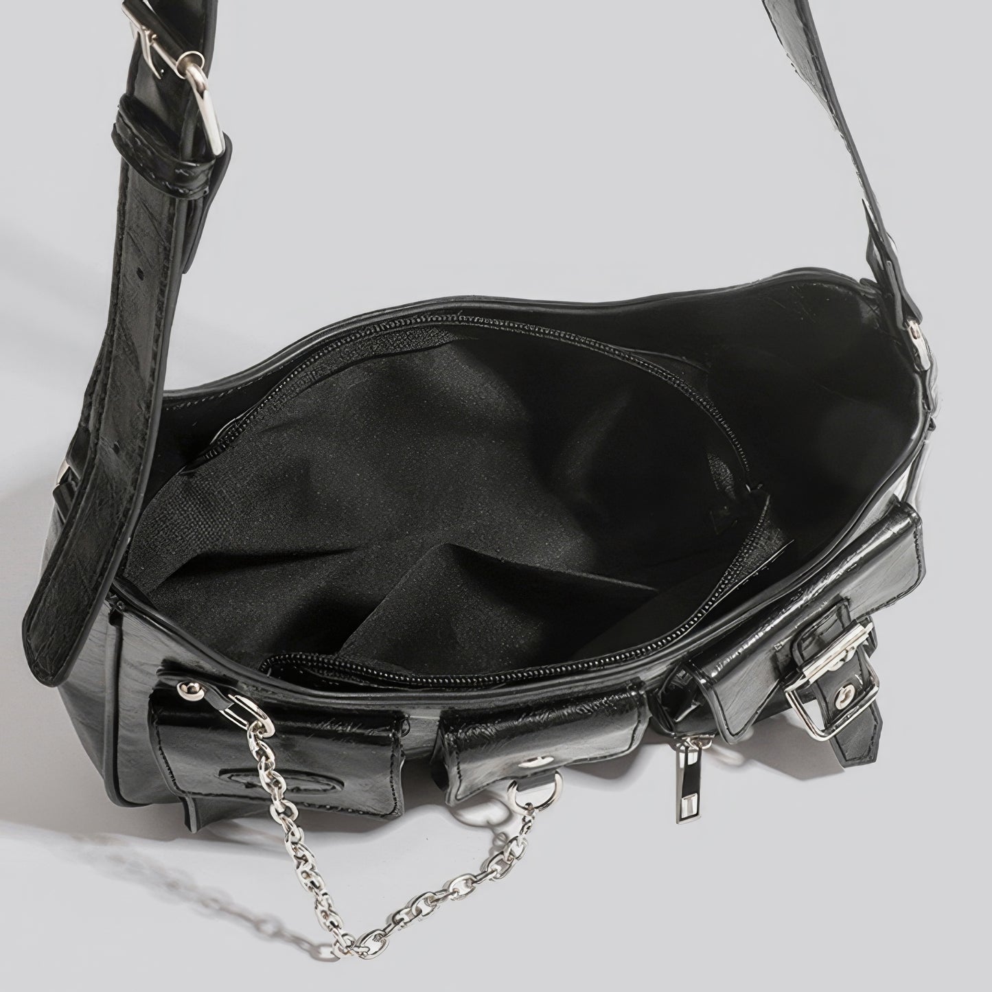 Multi Pocket Chain Accent Black Shoulder Bag