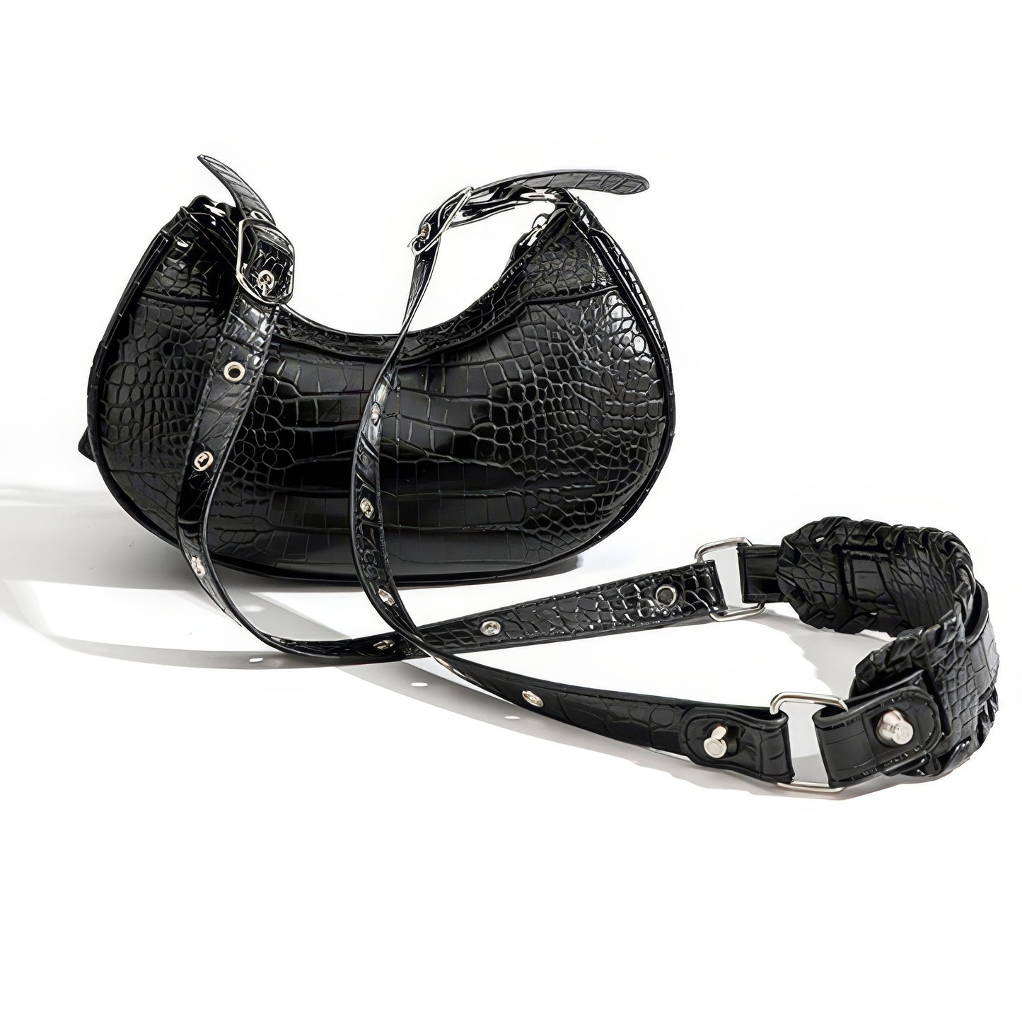 Croc Embossed Heart Charm Shoulder Bag