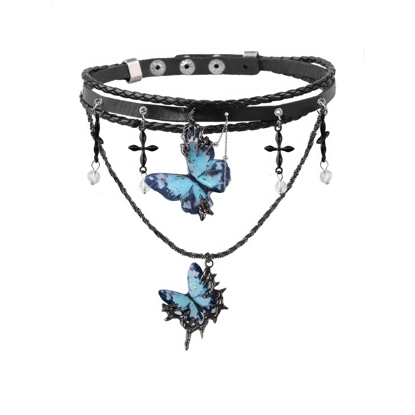 Layered Butterfly Pendant Leather Choker