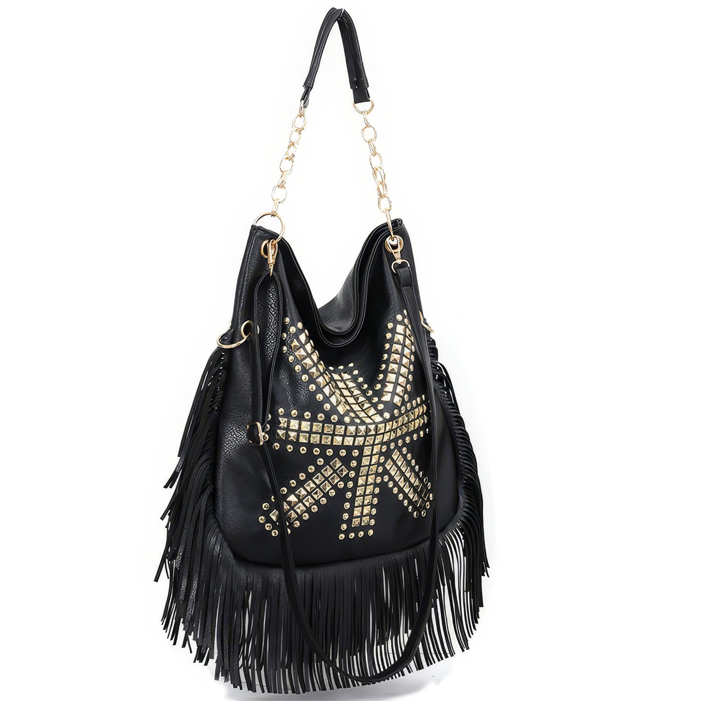 Fringe Studded Black Hobo Shoulder Bag