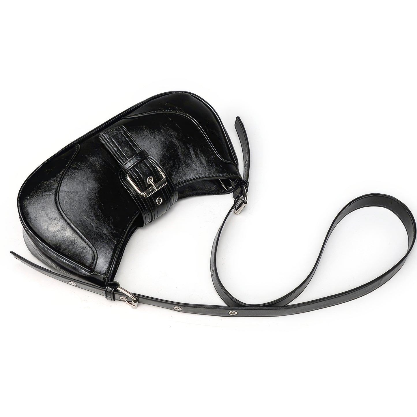 Glossy Buckle Detail Crescent Bag