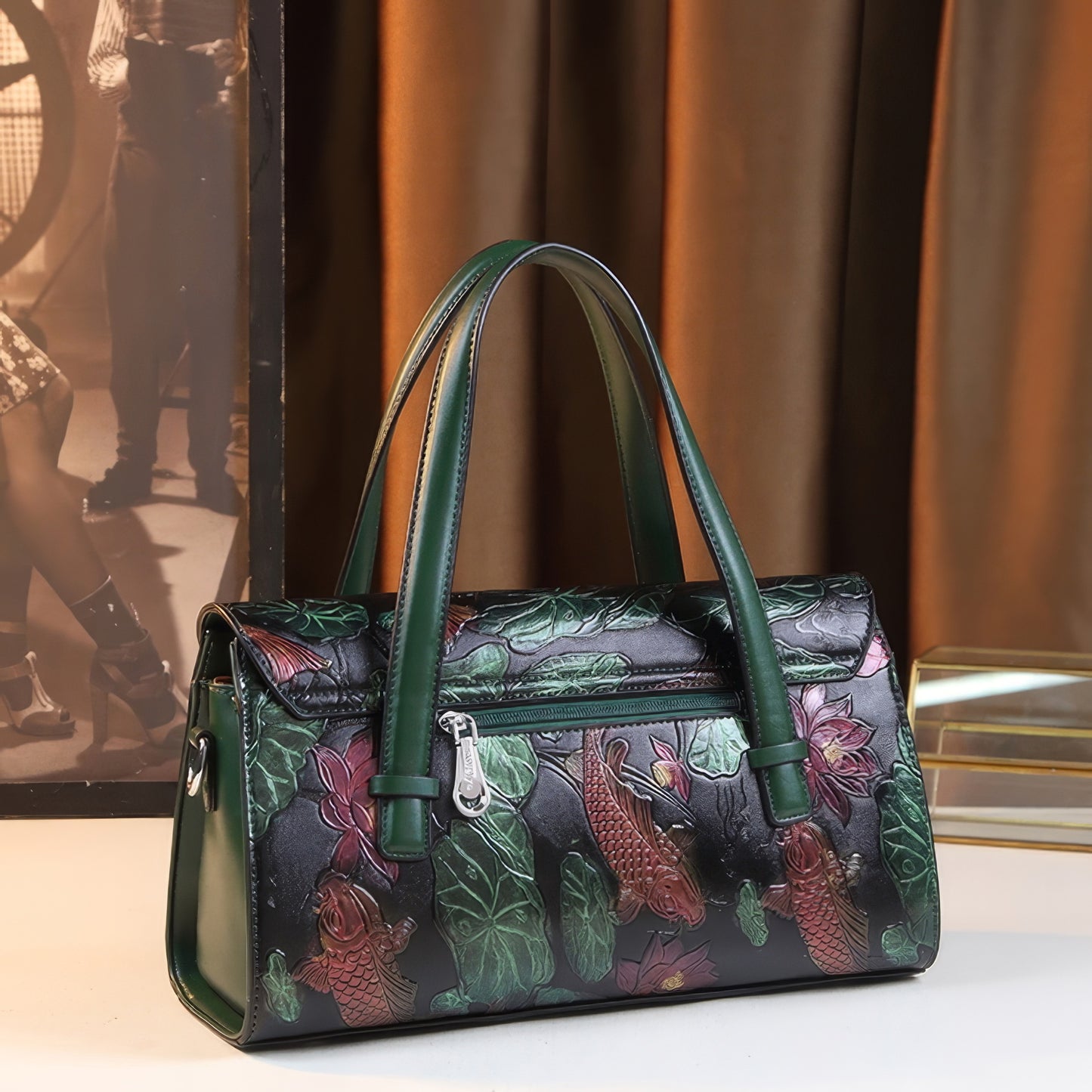 Embossed Koi Floral Green Handle Bag
