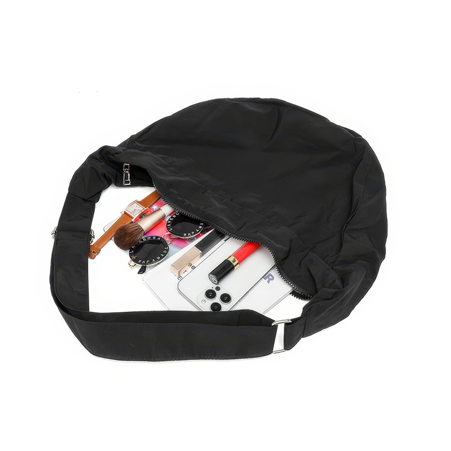 Soft Nylon Crescent Zip Shoulder Bag