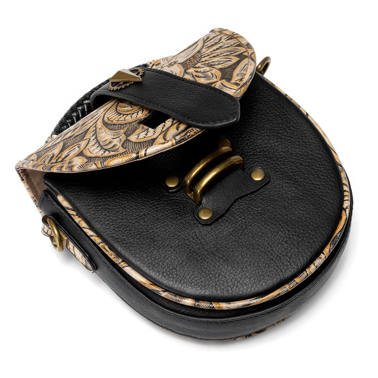 Vintage Leaf Embossed Saddle Crossbody Bag