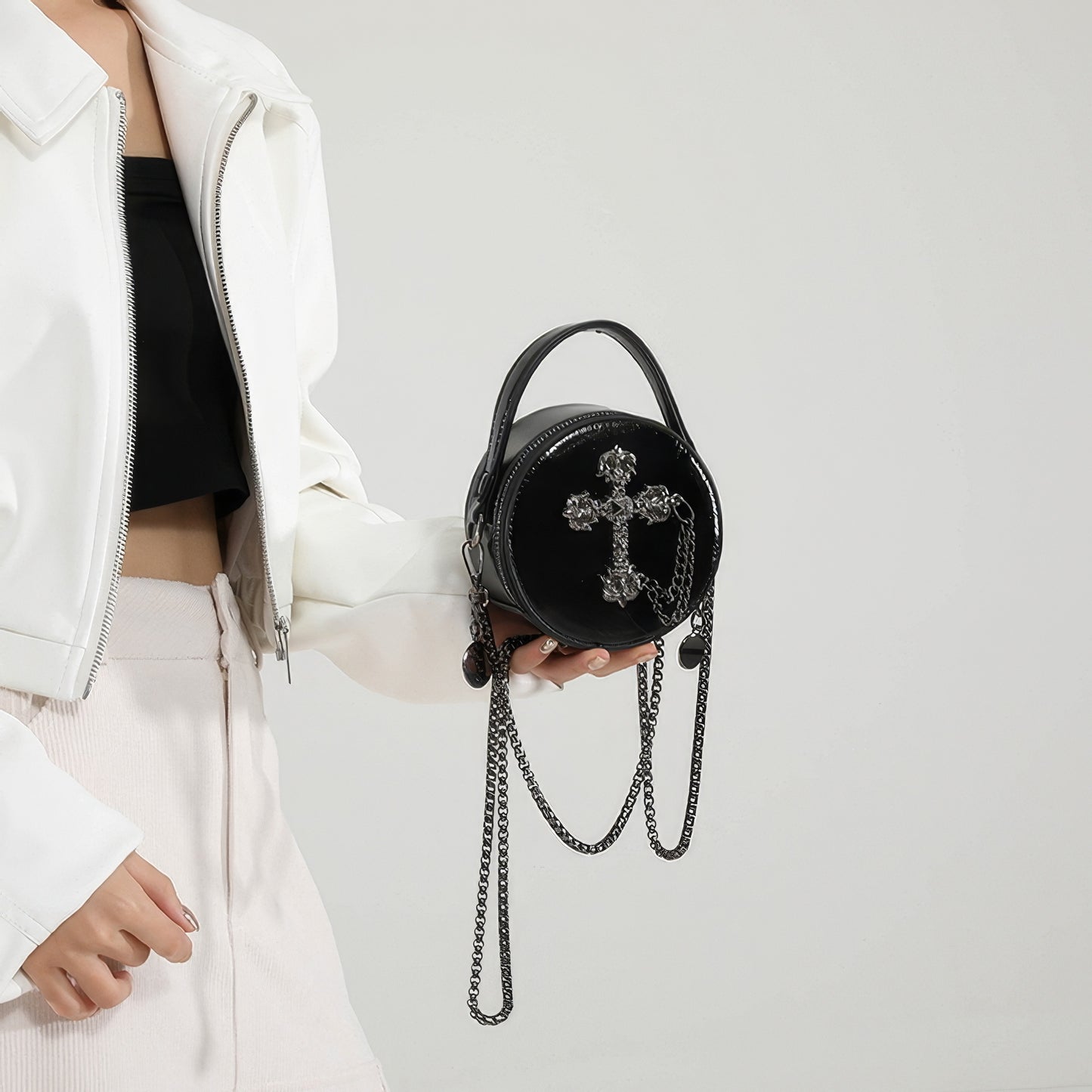 Studded Skull Embossed Round Mini Bag