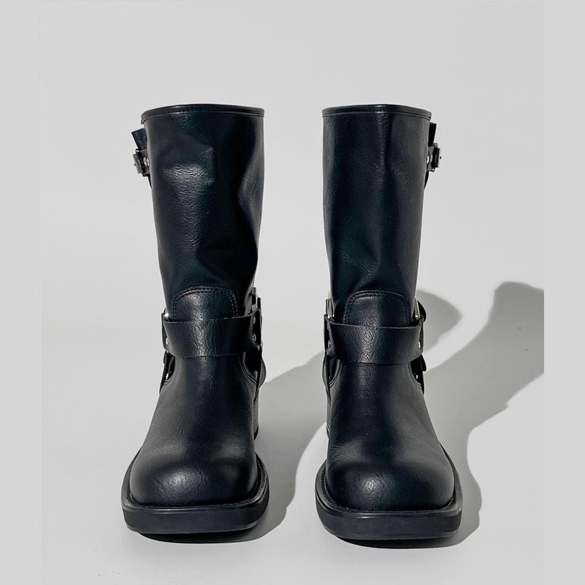 Black Buckle Harness Mid-Calf Boots
