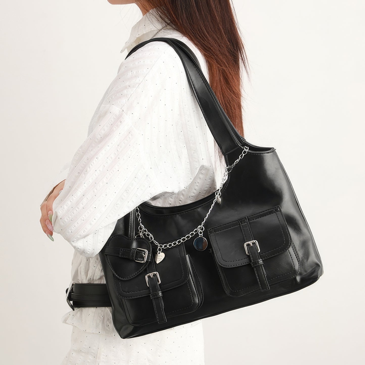 Chain Accent Buckle Pocket Faux Leather Shoulder Bag