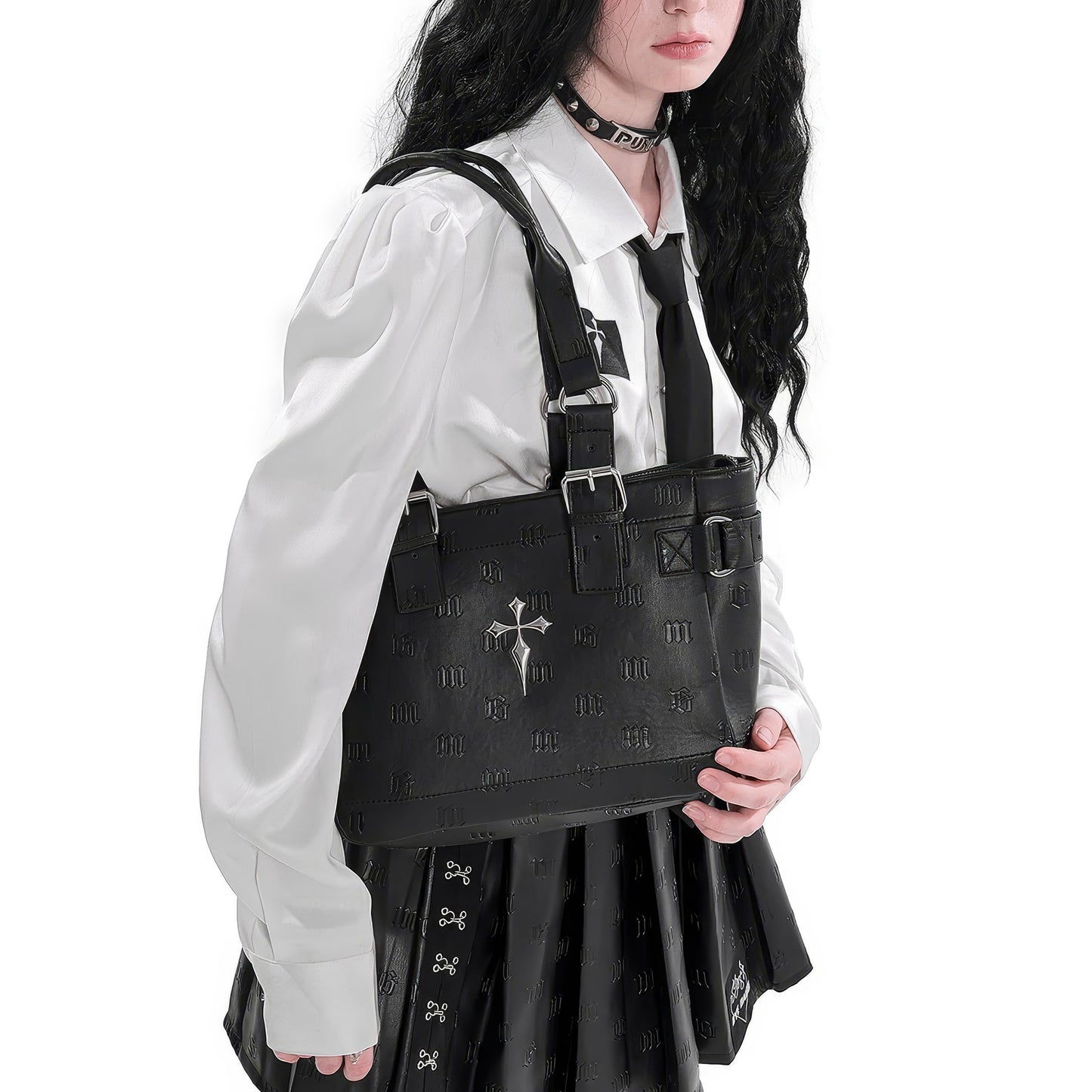 Buckle Detail Embossed Shoulder Bag