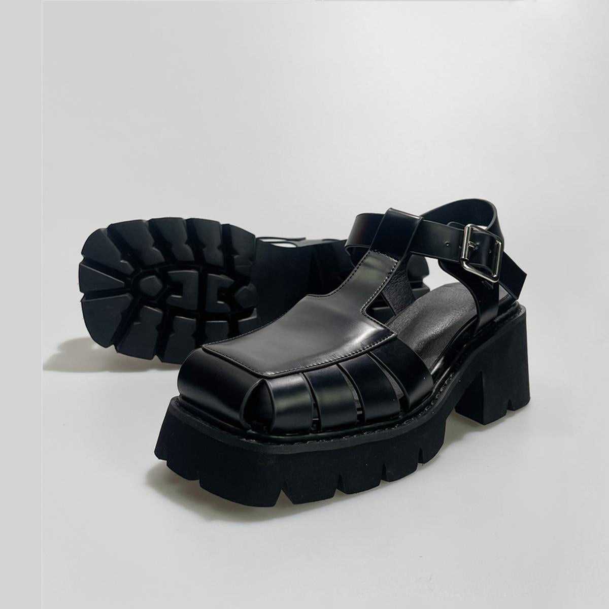 Black Chunky Platform Buckle Sandals