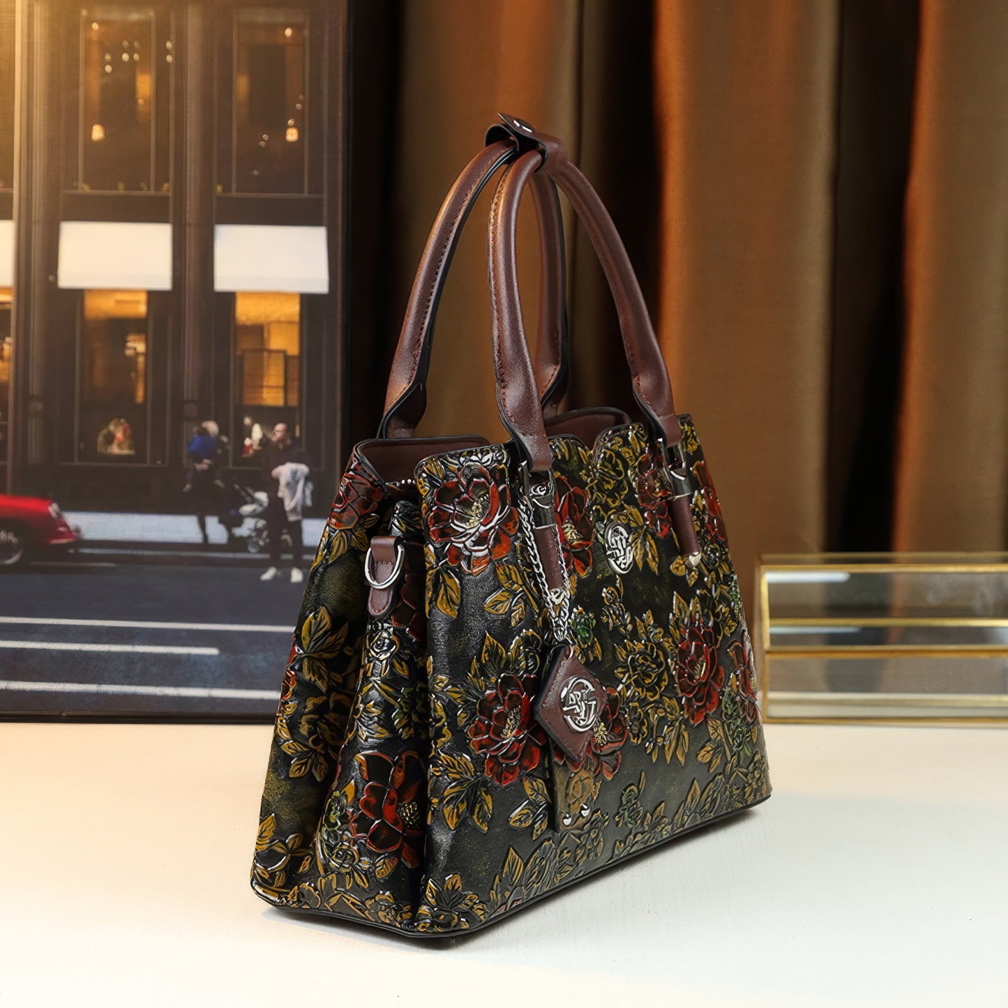Structured Embossed Floral Shoulder Tote