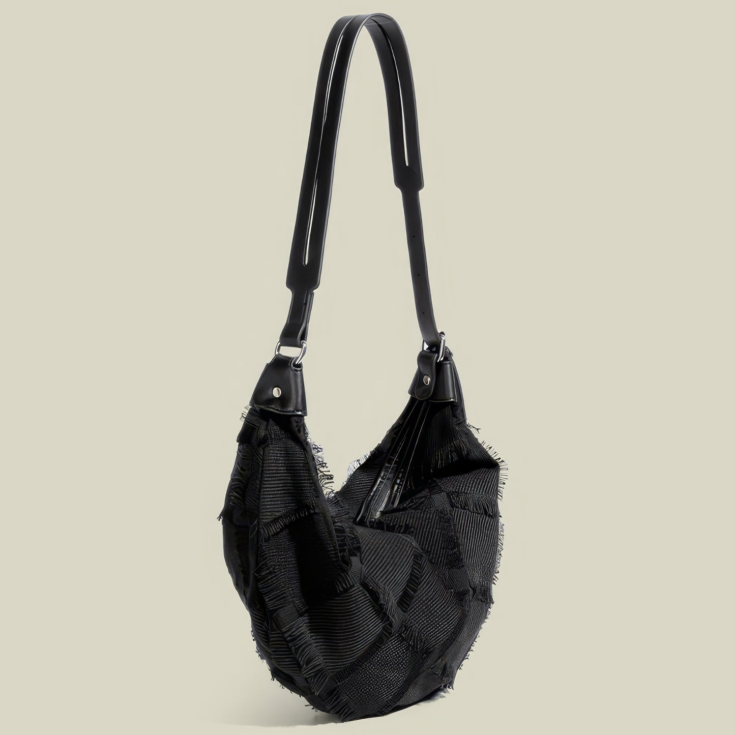 Frayed Patchwork Hobo Bag with Mini Pouch