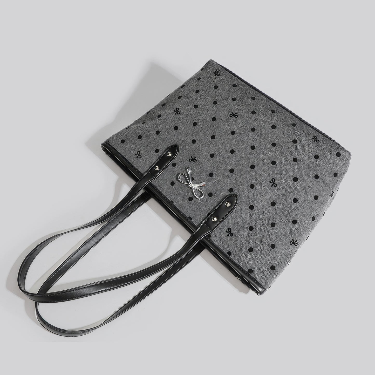 Reversible Dot Embroidery Bow Tote Bag