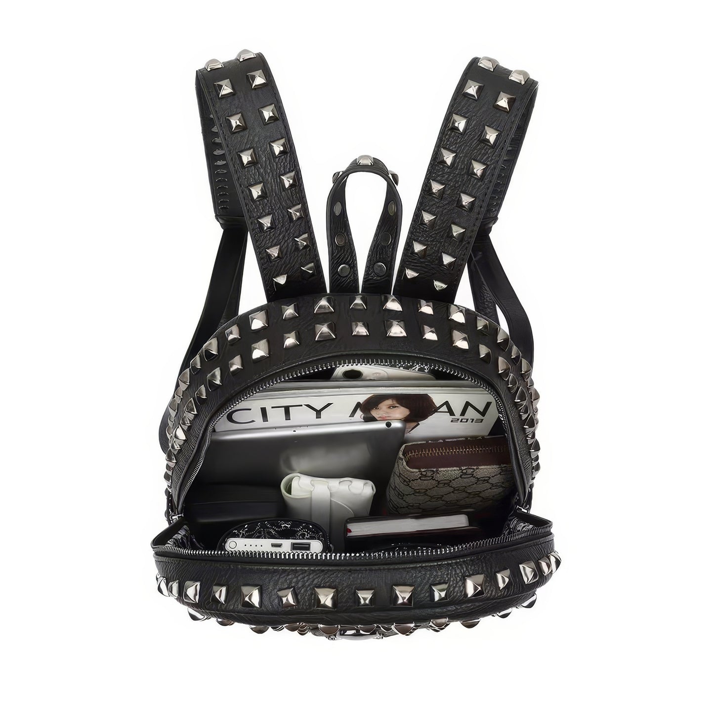Studded Skull Patch Leather Backpack
