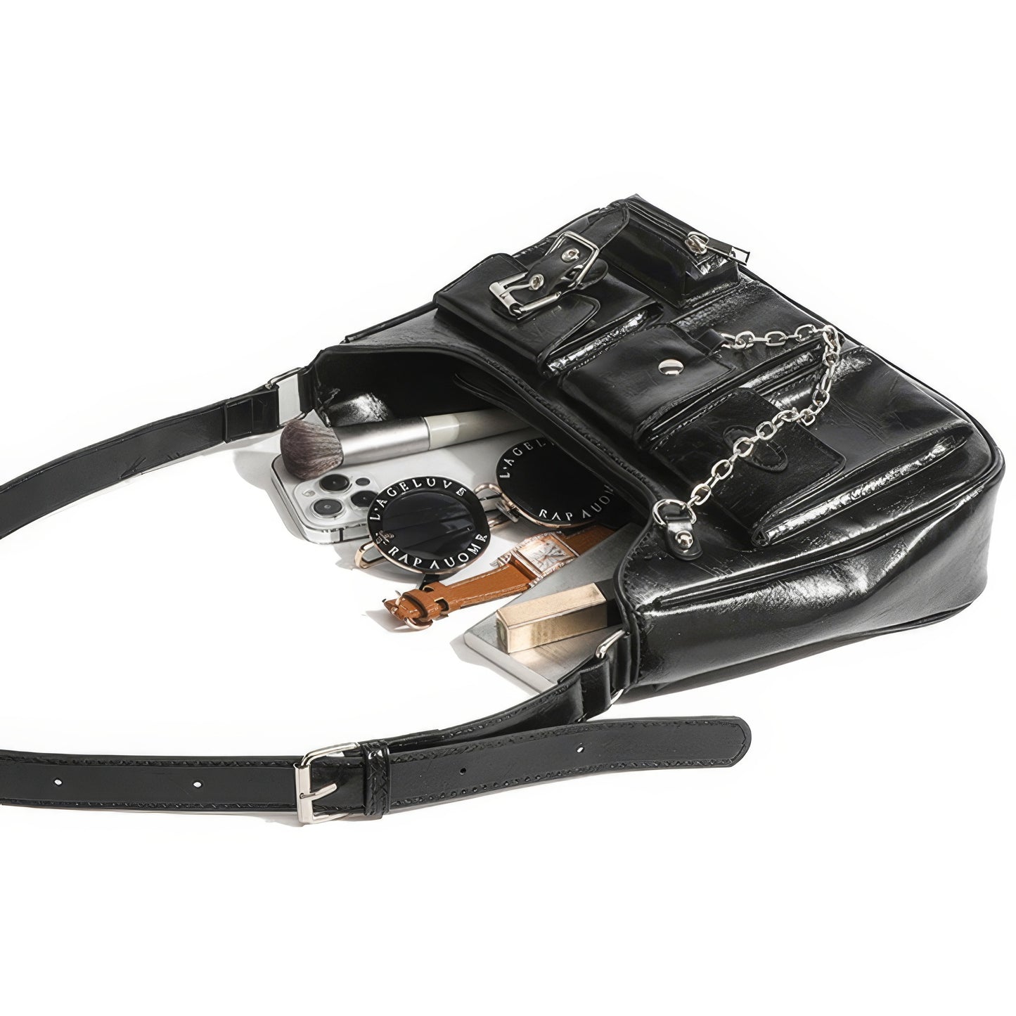 Multi Pocket Chain Accent Black Shoulder Bag