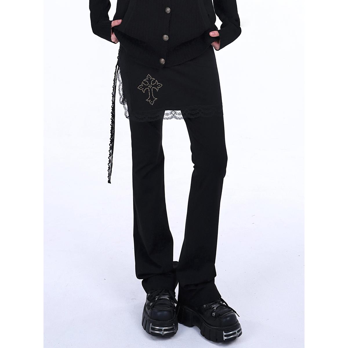 Lace Trim Flared Pants with Layered Skirt Detail
