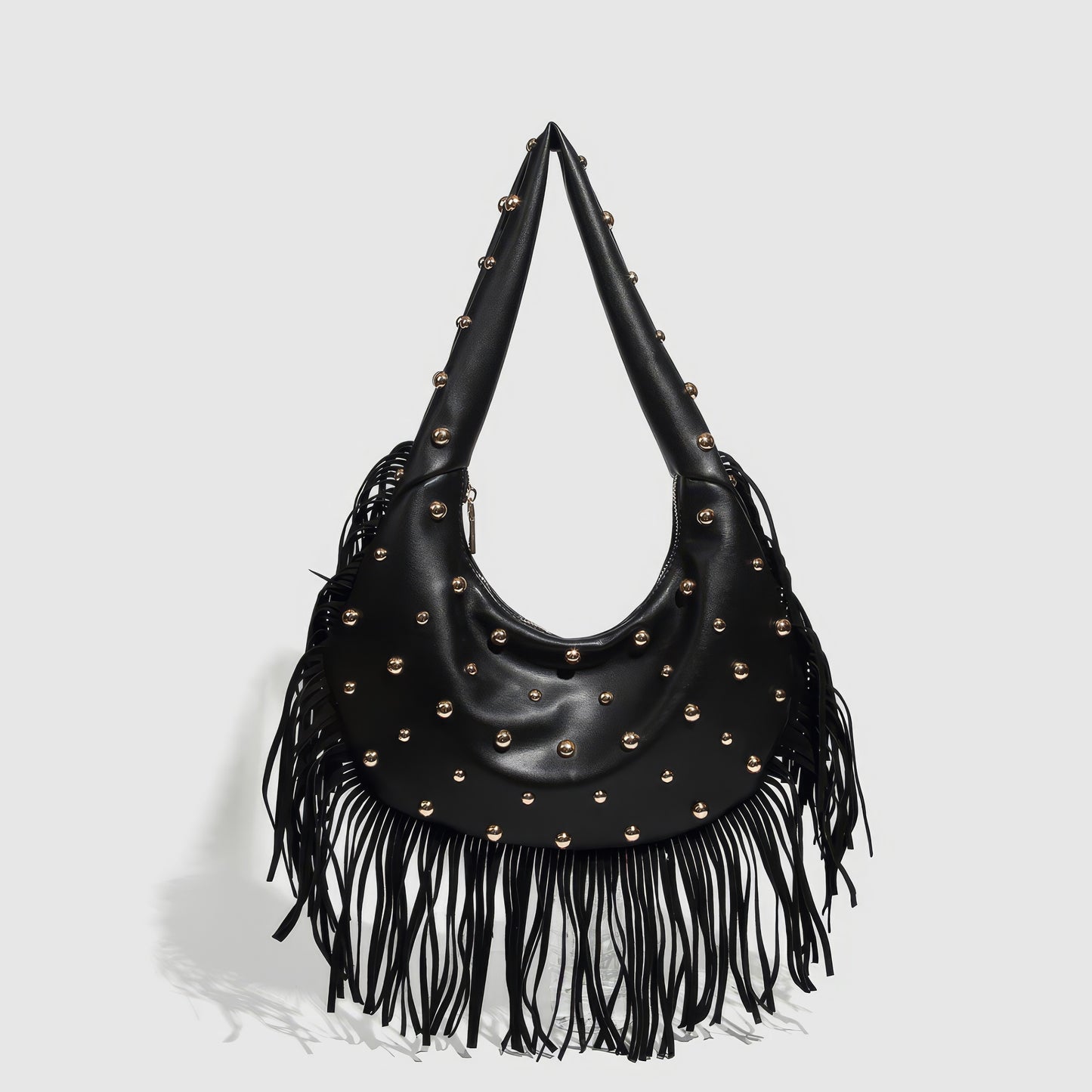 Fringed Studded Crescent Shoulder Bag