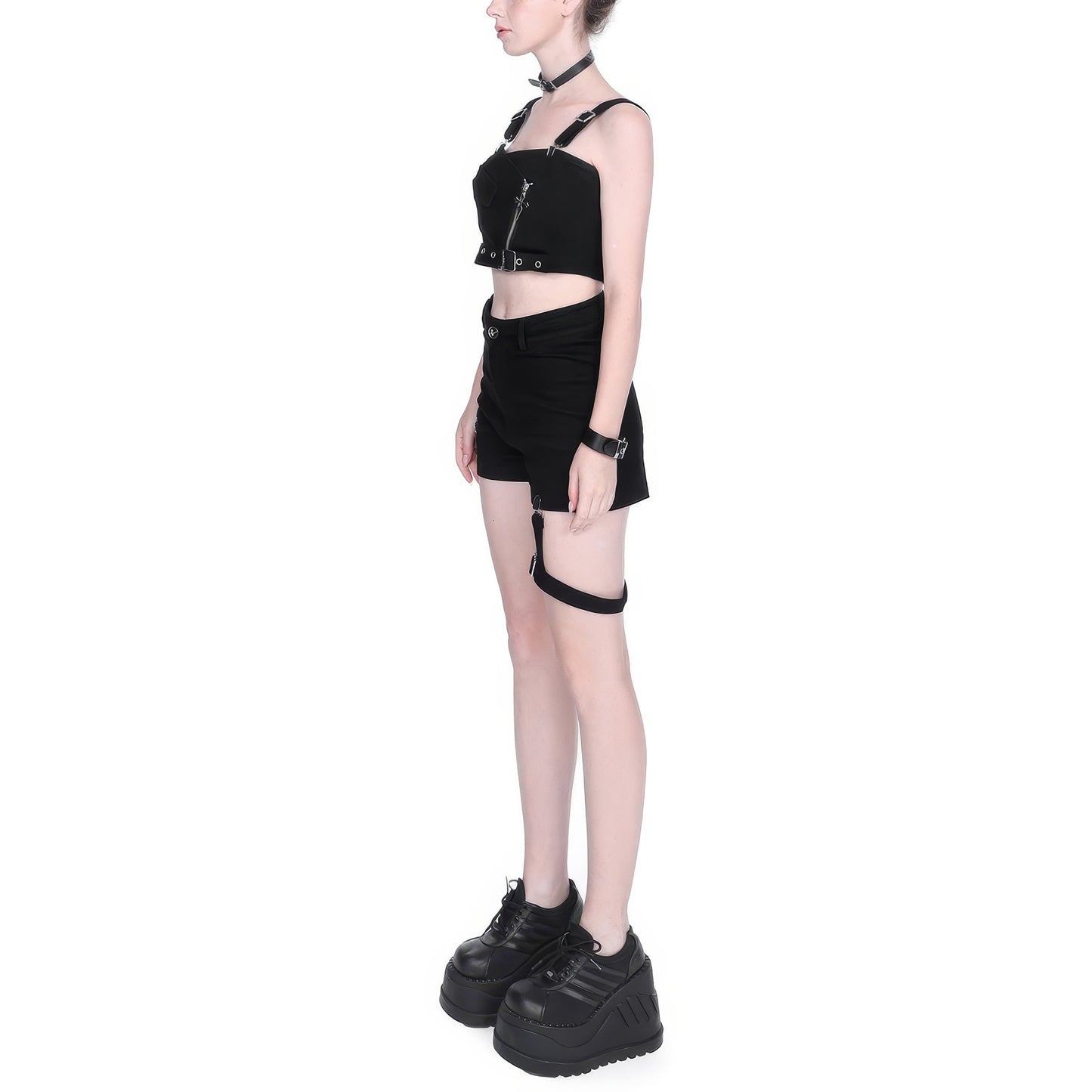 Belted Zipper Strap Crop Top