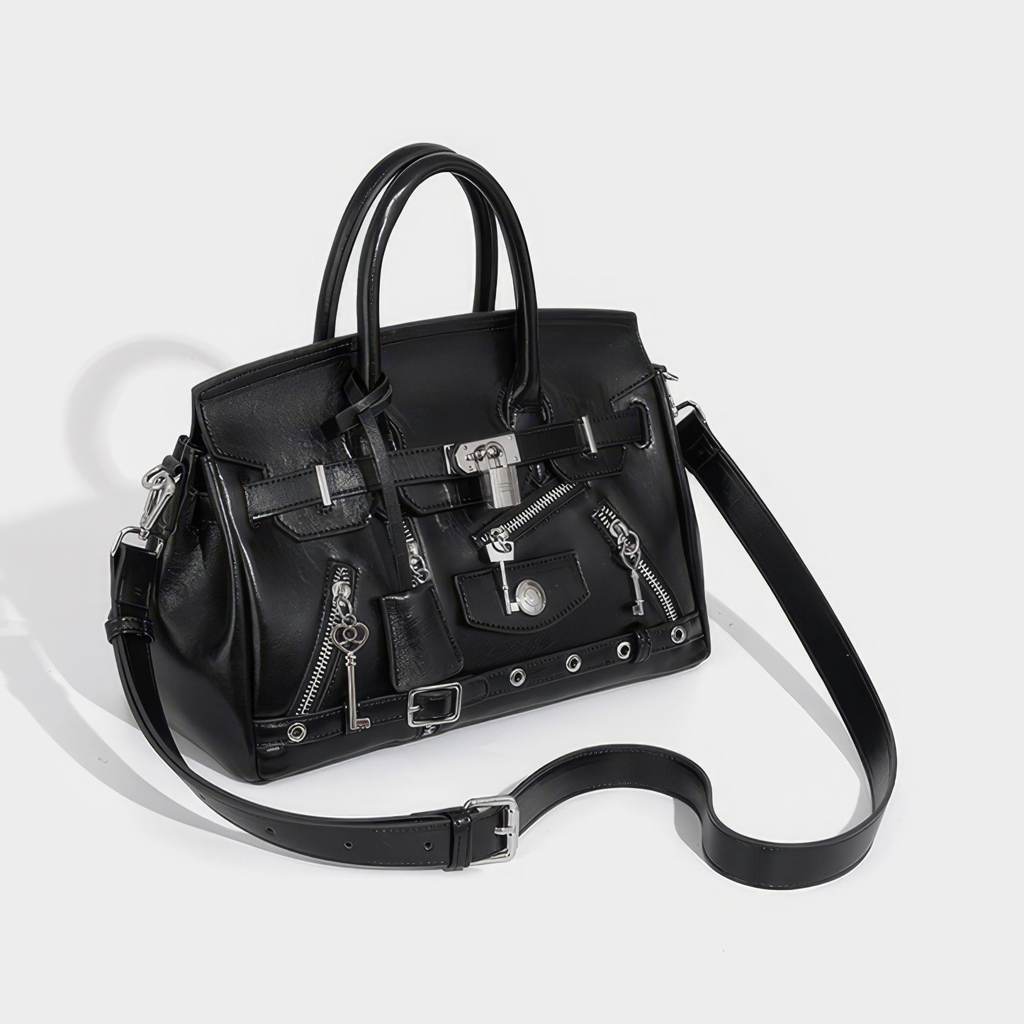 Zipper Belt Accent Faux Leather Handbag