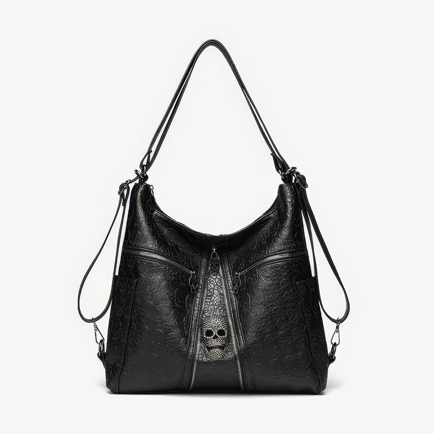 Skull Embossed Zip Detail Hobo Bag