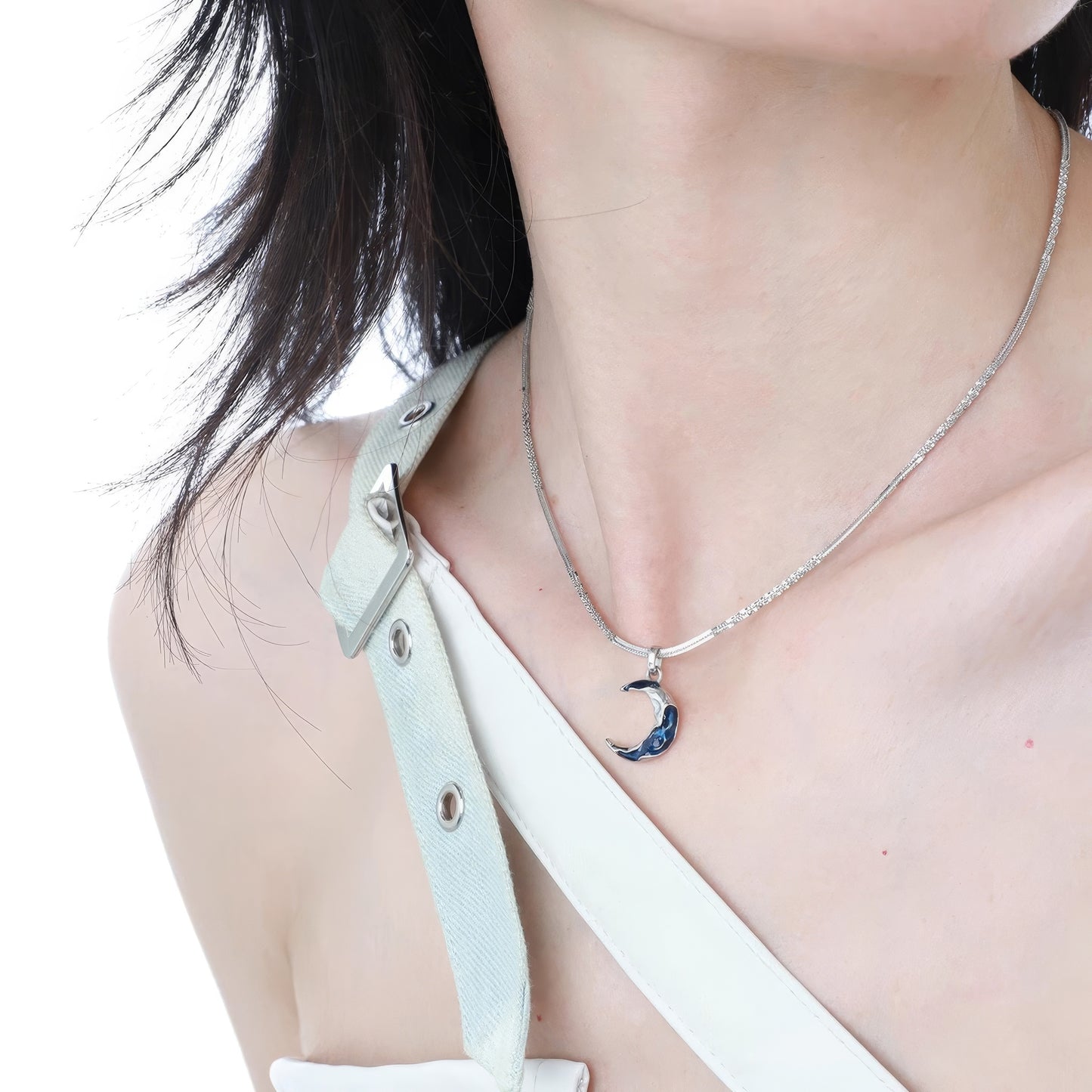Silver Blue Crescent Moon Necklace