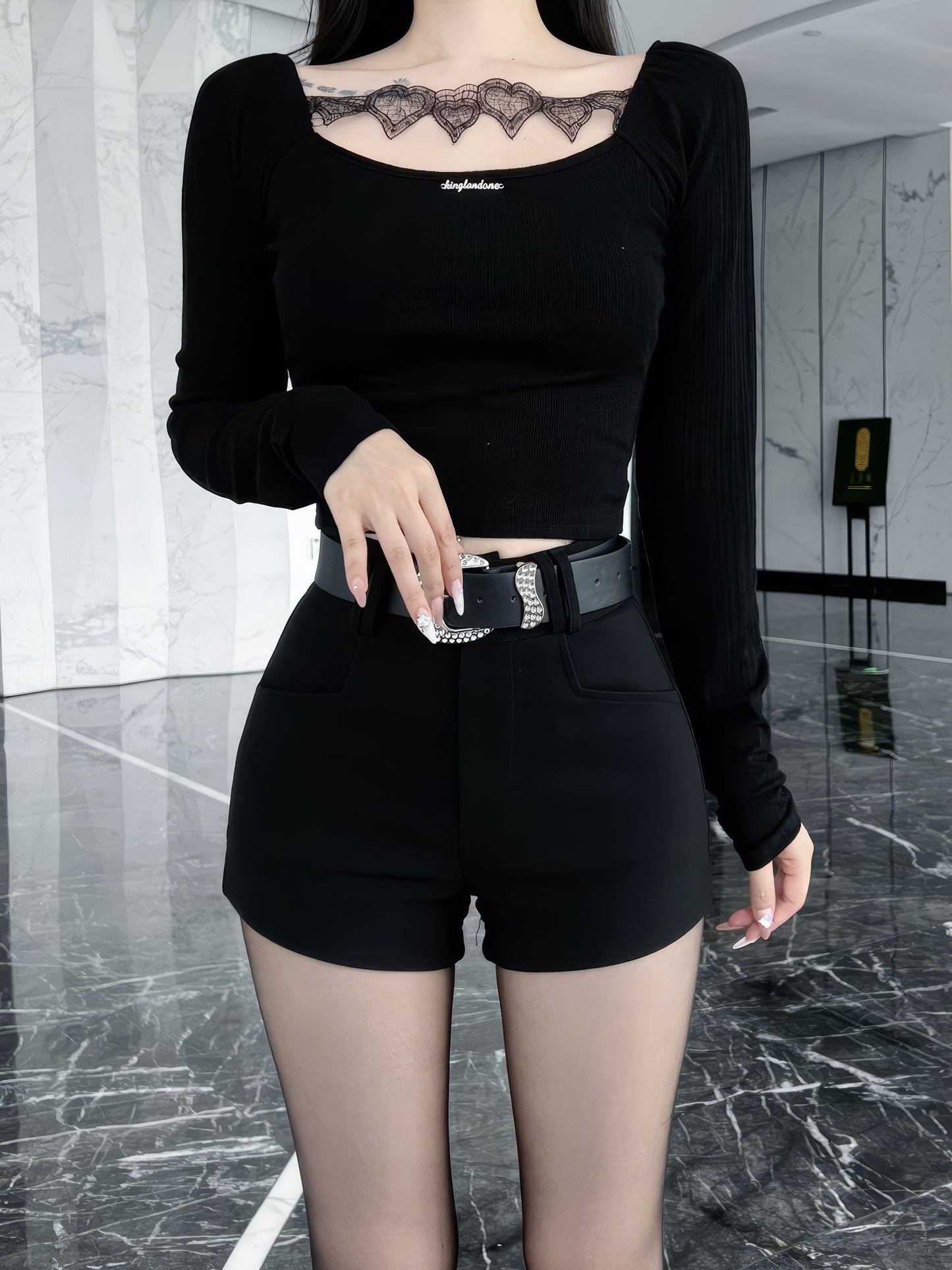 Rhinestone Buckle Black Shorts