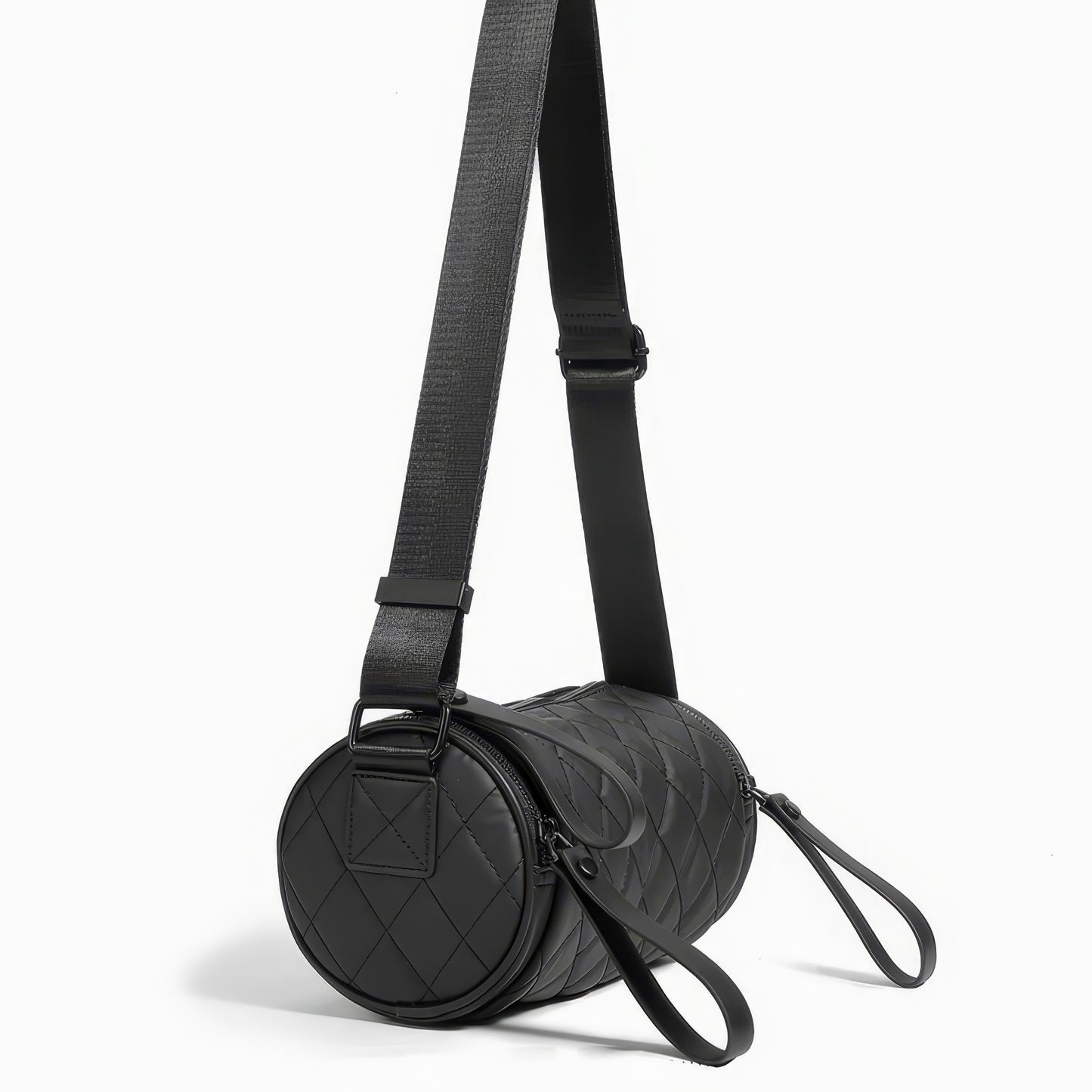 Quilted Barrel-Shaped Black Crossbody Bag
