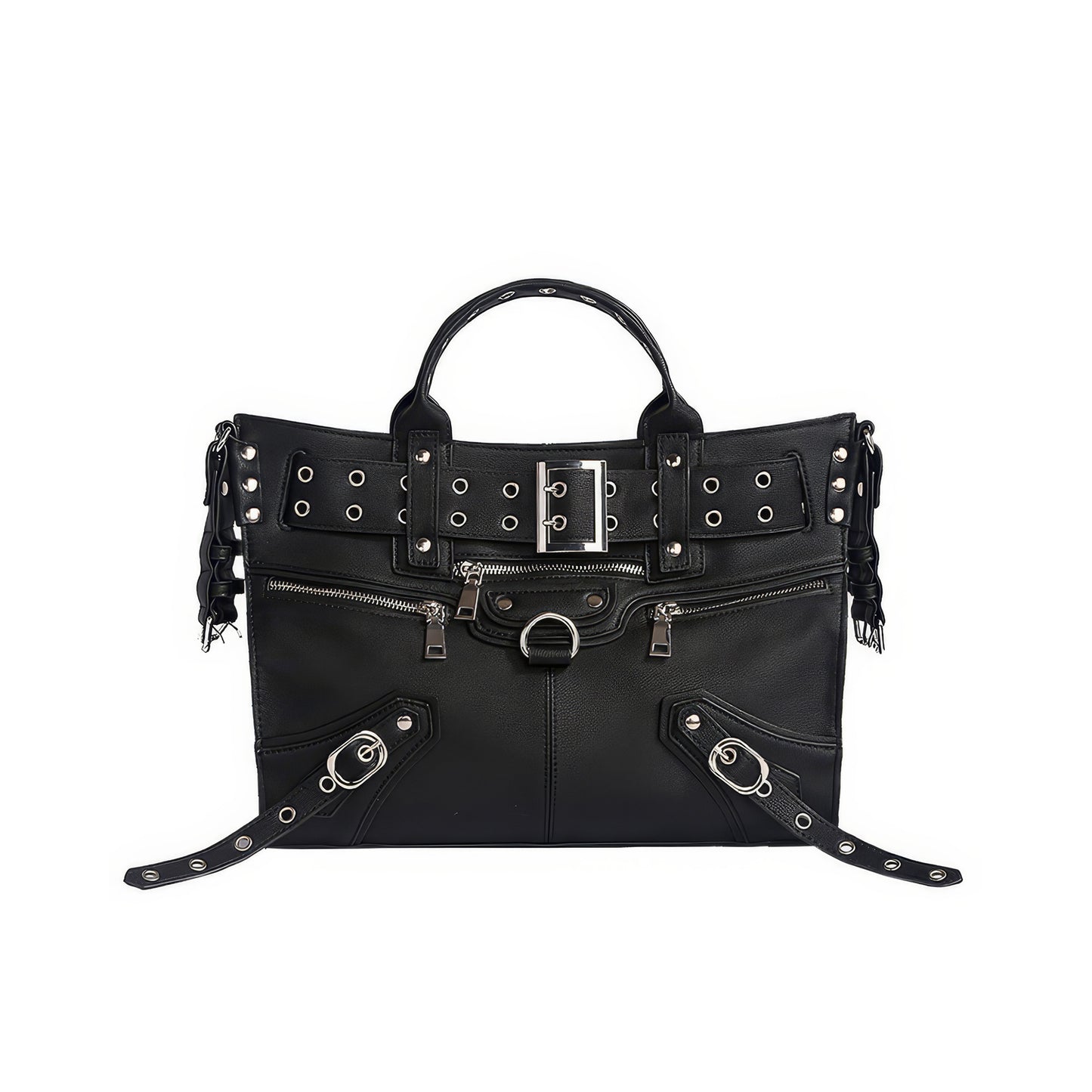 Buckle Strap Grommet Detail Black Tote Bag