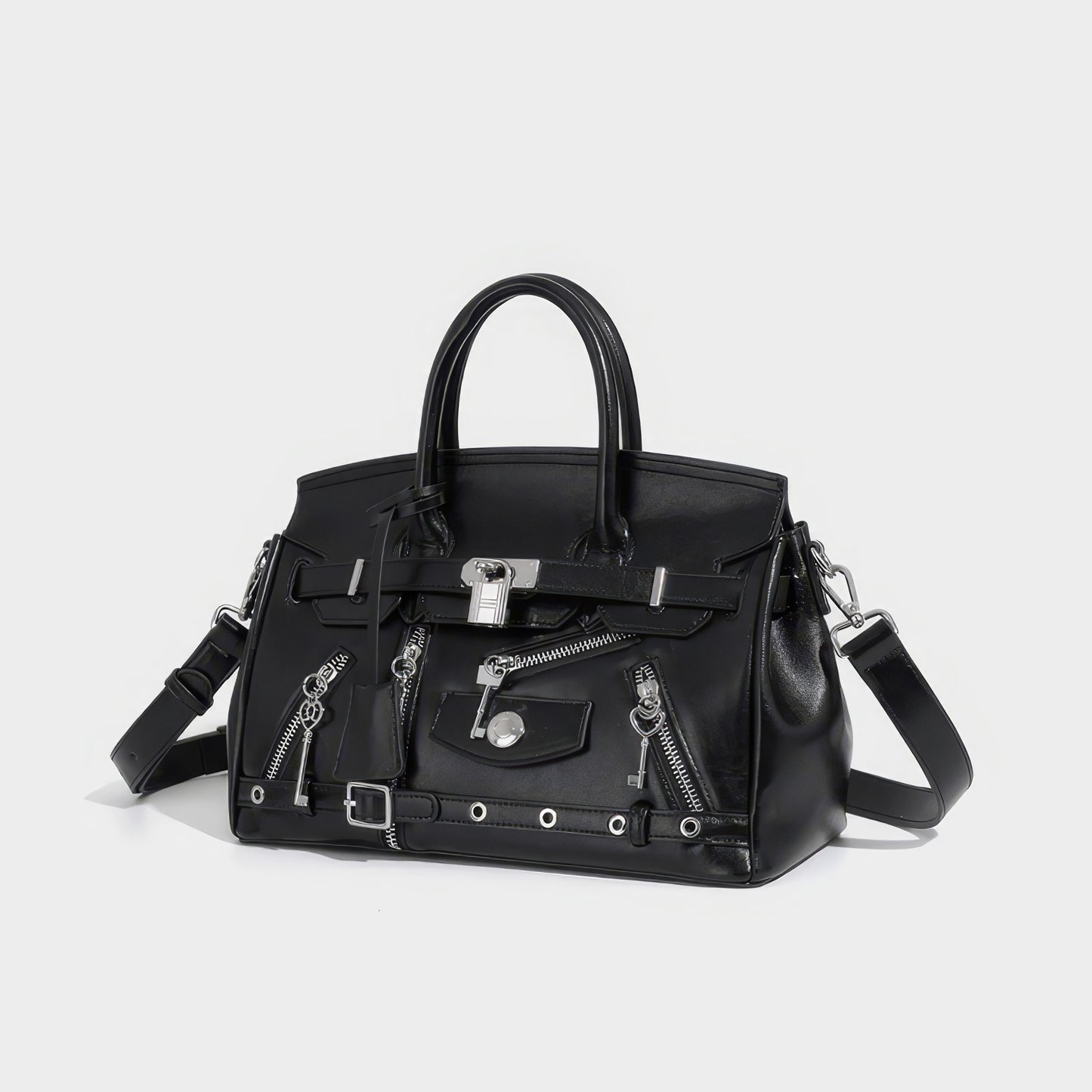 Zipper Belt Accent Faux Leather Handbag
